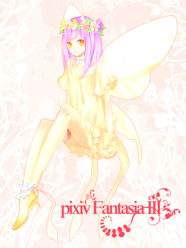 coma (fginiy), pixiv fantasia, pixiv fantasia 3, fairy, flower, gigandal federation, high heels, purple hair, shoes, solo, wings, yellow eyes