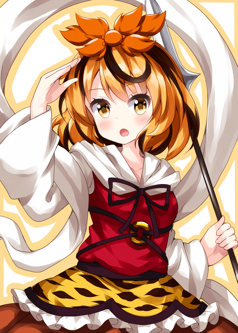 ruu (tksymkw), toramaru shou, touhou, commentary request, highres, 1girl, :o, animal print, black ribbon, blonde hair, blush, breasts, brown skirt, collarbone, cowboy shot, hagoromo, hair ribbon, hand up, holding, holding polearm, holding weapon, long sleeves, looking at viewer, medium breasts, medium hair, multicolored hair, o-ring, one-hour drawing challenge, open mouth, orange ribbon, outline, polearm, red shirt, ribbon, shawl, shirt, skirt, solo, spear, streaked hair, tiger print, weapon, wide sleeves, yellow eyes