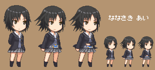damegeruge, uncoco, nanasaki ai, amagami, kamen rider, 1girl, belt, black hair, brown eyes, parody, pixel art, school uniform, short hair, variations