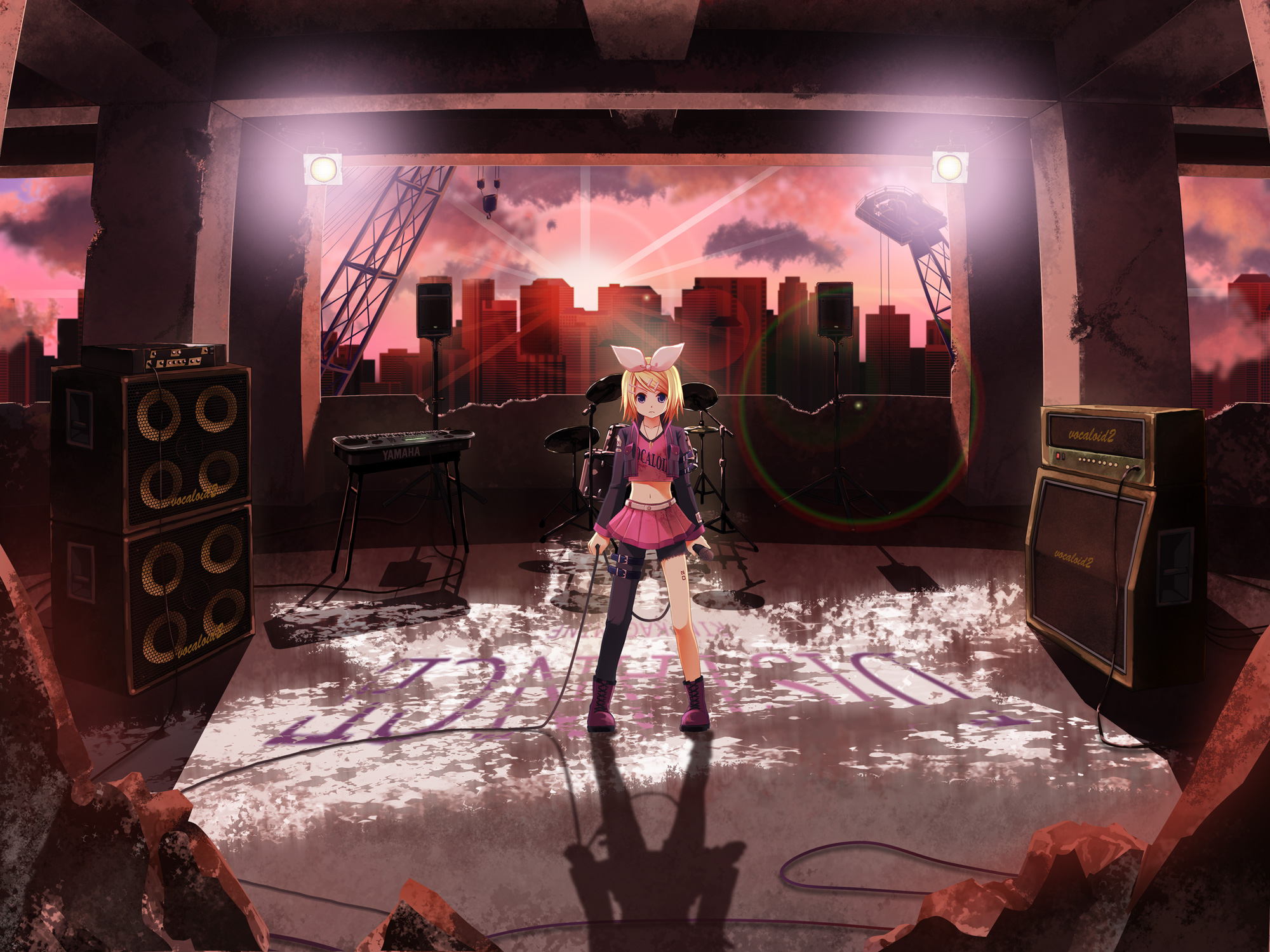 shiramori yuse, kagamine rin, vocaloid, bad id, bad pixiv id, highres, 1girl, amplifier, asymmetrical legwear, blonde hair, blue eyes, cable, character name, cityscape, copyright name, drum, english text, female focus, hair ornament, hair ribbon, hairclip, instrument, jewelry, keyboard, keyboard (instrument), legs, microphone, midriff, mismatched legwear, necklace, ribbon, ruins, short hair, skirt, solo, speaker, standing, yamaha
