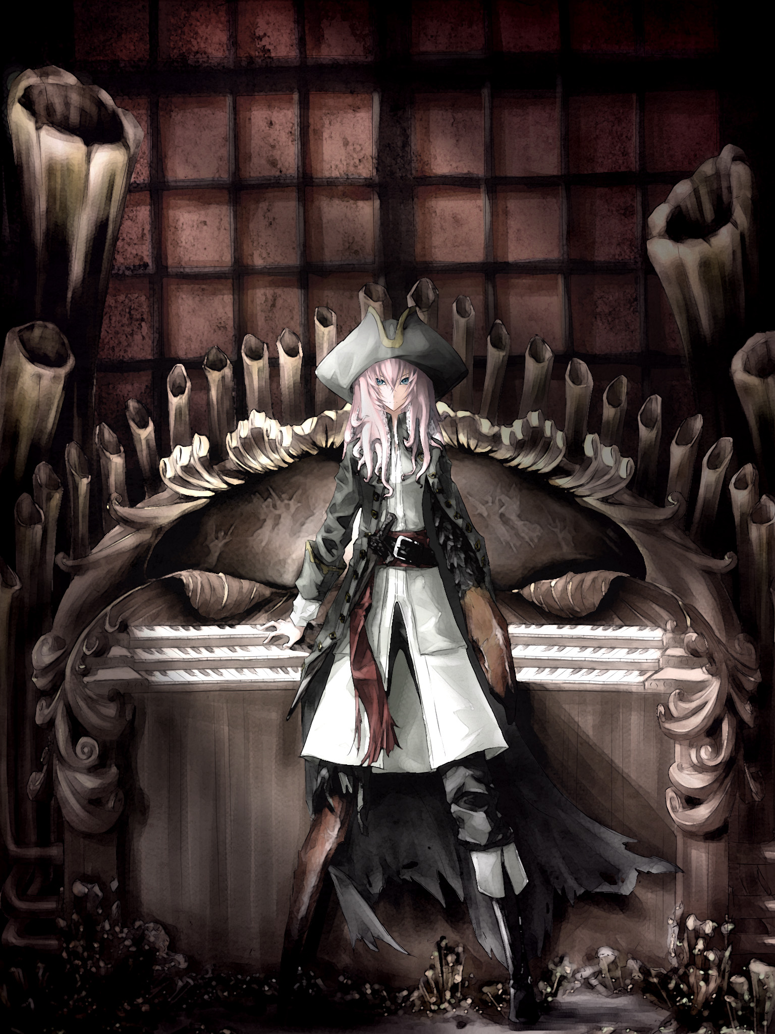 irena, davy jones, megurine luka, takoluka, disney, pirates of the caribbean, vocaloid, bad id, bad pixiv id, highres, 1girl, belt, blue eyes, boots, coat, crossover, female focus, hat, instrument, knife, long hair, organ (instrument), parody, pink hair, pipe organ, pirate, pirate hat, solo, standing, tricorne