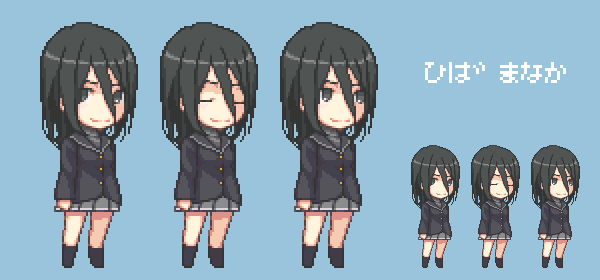 damegeruge, uncoco, hiba manaka, amagami, 1girl, black eyes, black hair, long hair, multiple expressions, pixel art, school uniform, variations