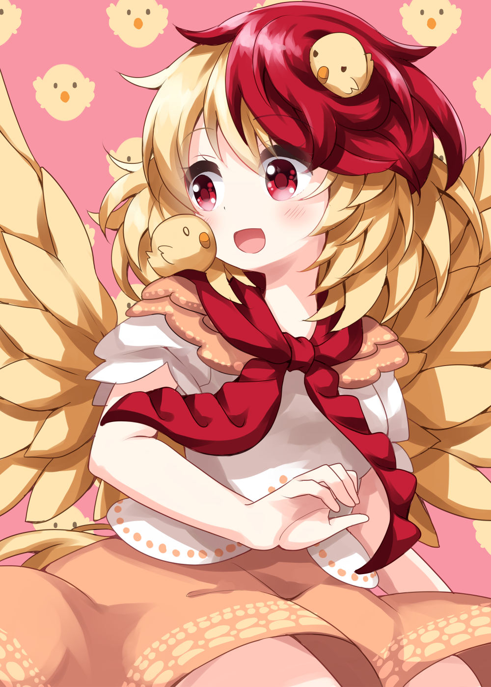 ruu (tksymkw), niwatari kutaka, touhou, commentary request, highres, 1girl, baby animal, bird, blonde hair, blush, cape, chick, colored skin, dress, hair between eyes, looking to the side, multicolored hair, neckerchief, one-hour drawing challenge, open mouth, orange dress, orange sleeves, pink background, puffy short sleeves, puffy sleeves, red eyes, red hair, red neckerchief, short hair, short sleeves, smile, solo, vest, white sleeves, white vest, wings, yellow skin