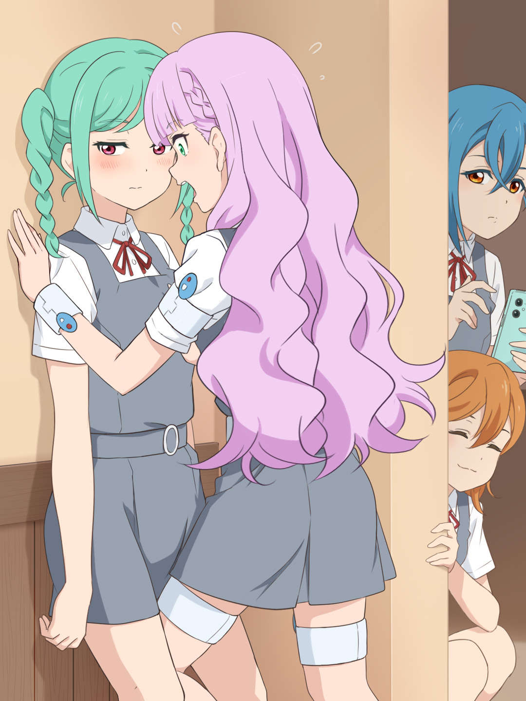 laofuzi dai bansho, onitsuka tomari, shibuya kanon, wakana shiki, wien margarete, love live!, love live! superstar!!, commentary, highres, revision, 4girls, :3, anime coloring, averting eyes, between legs, blue hair, blunt bangs, blush, braid, braided twintails, closed eyes, closed mouth, collared shirt, dress, dress shirt, flying sweatdrops, forced, frown, green eyes, green hair, grey dress, hair between eyes, kabedon, long hair, medium hair, multiple girls, neck ribbon, open mouth, orange eyes, orange hair, peeking out, pinafore dress, pink eyes, red ribbon, ribbon, school uniform, shirt, short dress, short hair, short sleeves, side braids, sidelocks, sideways glance, single sidelock, sleeveless, sleeveless dress, split mouth, squatting, summer uniform, surprised, swept bangs, twin braids, twintails, very long hair, wavy hair, white shirt, yuigaoka school uniform, yuri