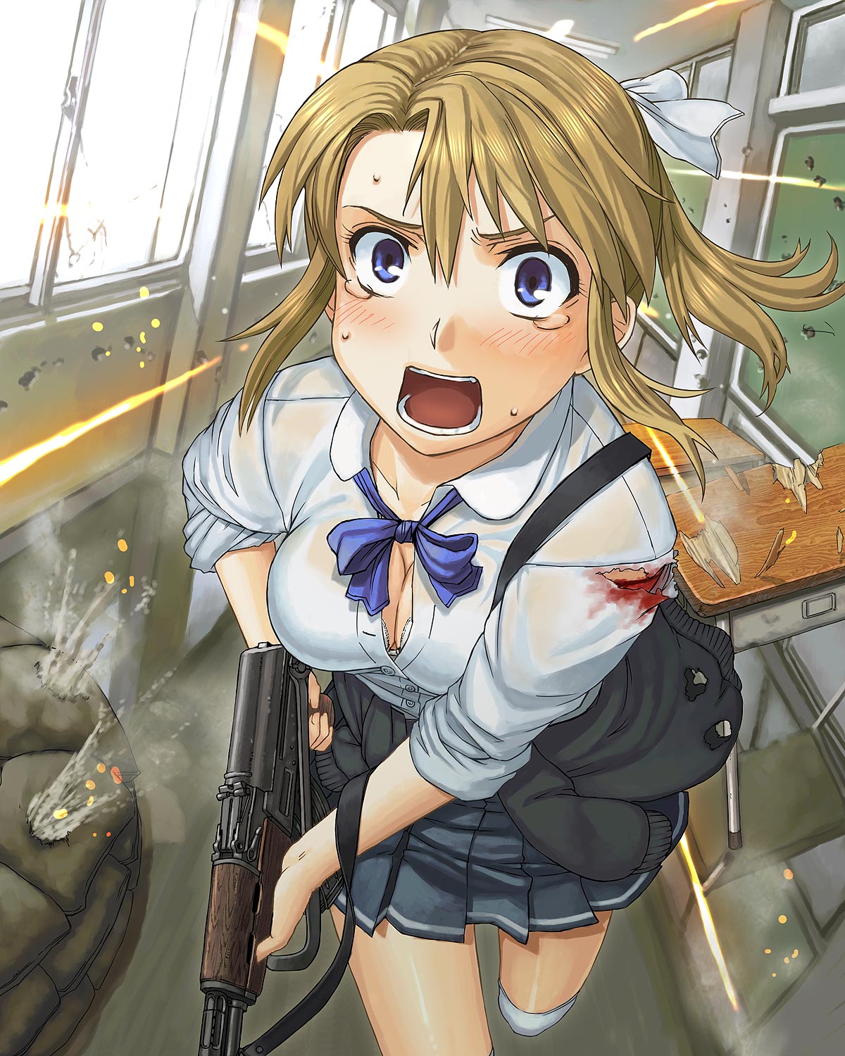 itou (onsoku tassha), blonde girl (itou), original, highres, 1girl, ak-47, akm, akms, assault rifle, blood, blue eyes, bow, bowtie, bra, breasts, brown hair, cleavage, clothes around waist, desk, female focus, foreshortening, gun, gun sling, hallway, injury, kalashnikov rifle, large breasts, lingerie, miniskirt, pleated skirt, ponytail, rifle, running, sandbag, school, school desk, school uniform, shirt, skirt, sleeves rolled up, solo, sweat, sweater, sweater around waist, tears, torn clothes, torn sweater, underwear, weapon, white bra, white shirt