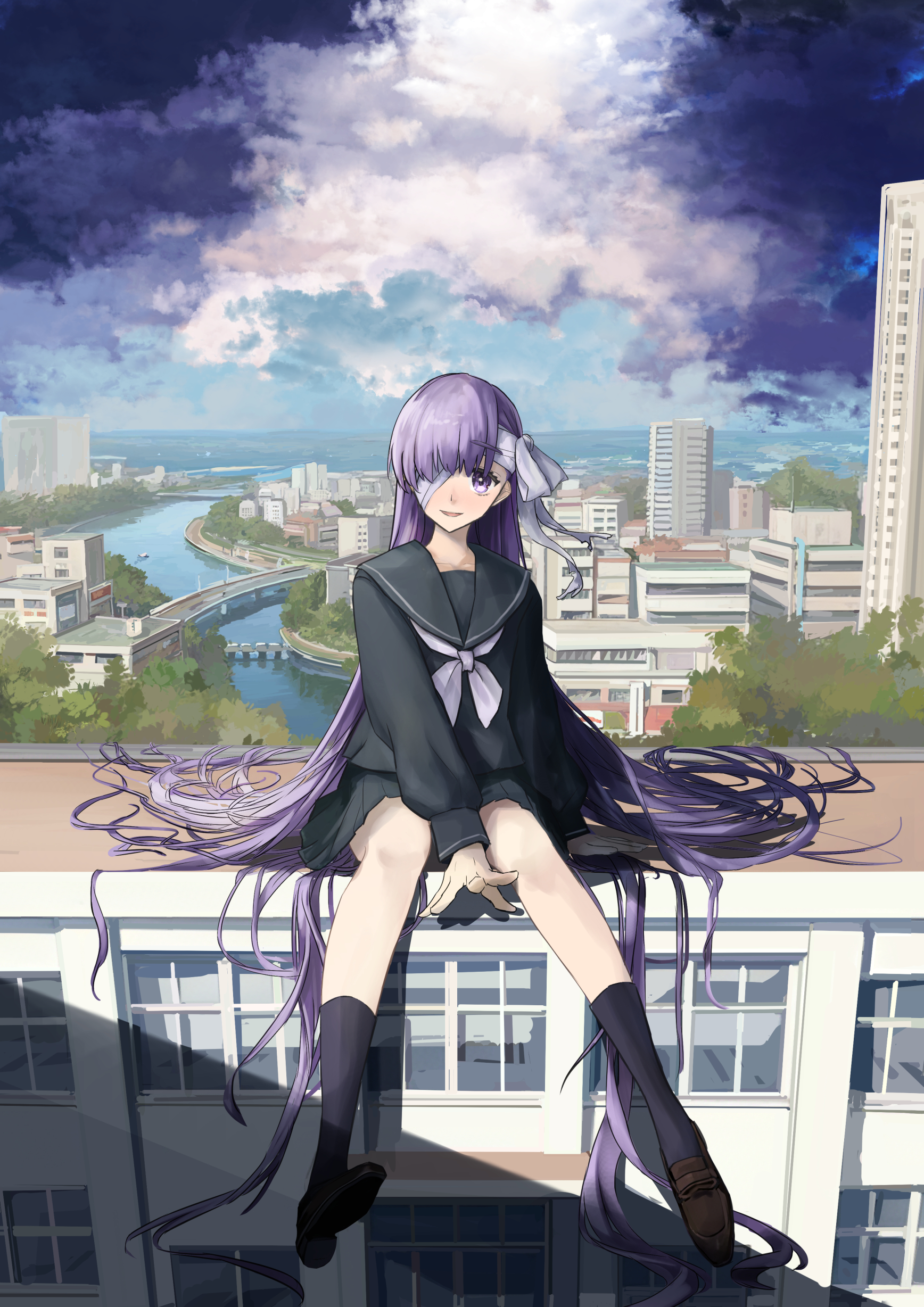 chef no kimagure salad, kingprotea (fate), fate/grand order, fate (series), absurdres, highres, 1girl, bandage over one eye, bandages, black sailor collar, black serafuku, black shirt, black skirt, black socks, blue sky, blush, breasts, brown shoes, giant, giantess, kneehighs, loafers, long hair, long sleeves, looking at viewer, neckerchief, open mouth, purple eyes, purple hair, sailor collar, school uniform, serafuku, shirt, shoes, sitting, skirt, sky, small breasts, smile, socks, very long hair