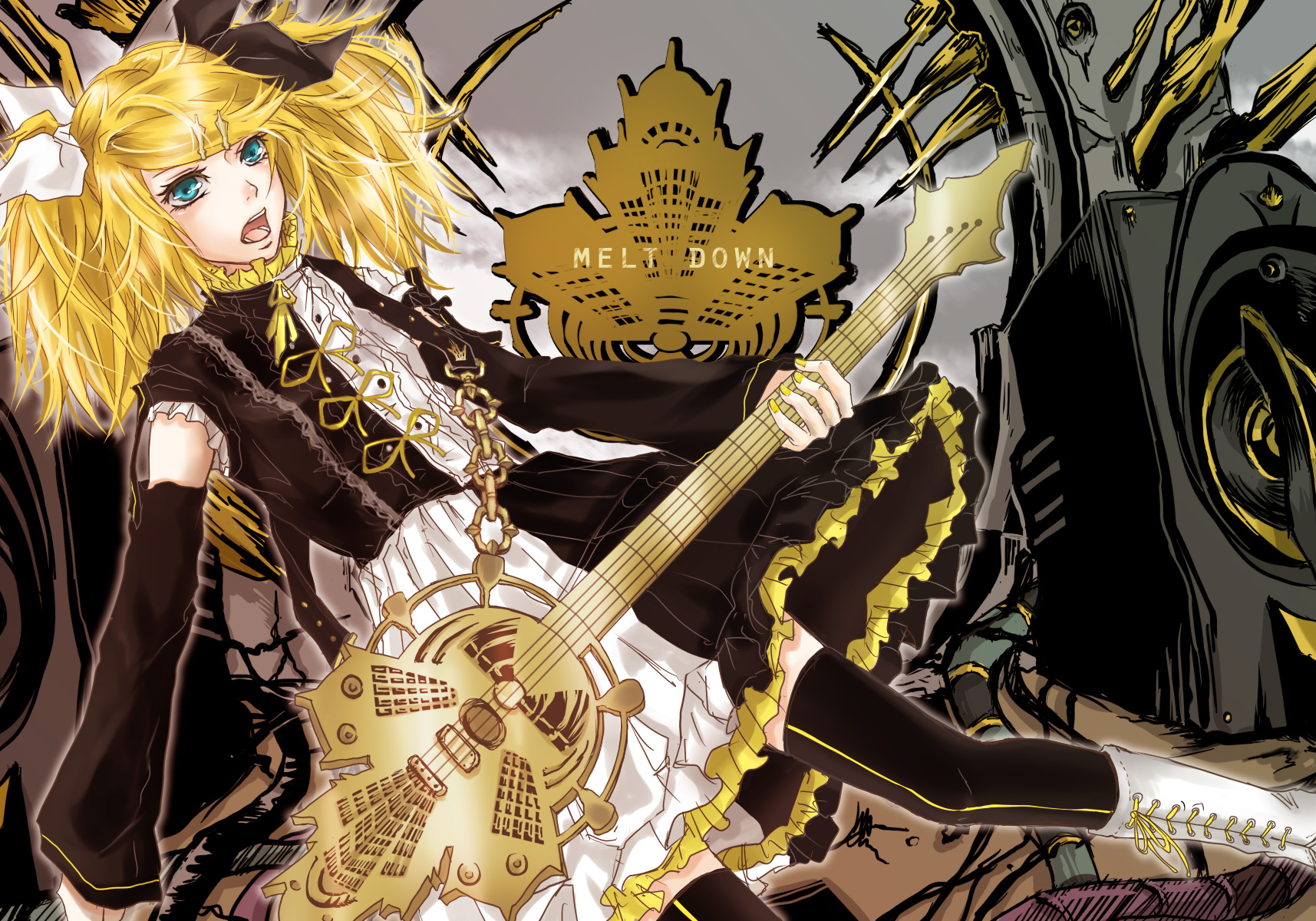 en (pixiv341819), kagamine rin, kagamine rin (reactor), roshin yuukai (vocaloid), vocaloid, bad id, bad pixiv id, highres, alternate hairstyle, bass guitar, black thighhighs, blonde hair, blue eyes, detached sleeves, dress, guitar, hair ornament, hairclip, instrument, solo, thighhighs, twintails, zettai ryouiki