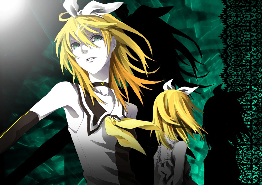 kyo zip, kagamine rin, kagamine rin (roshin yuukai), roshin yuukai (vocaloid), vocaloid, bad id, bad pixiv id, alternate hairstyle, aqua eyes, blonde hair, dress, dual persona, hair ornament, hair ribbon, hairclip, long hair, ribbon, sailor dress