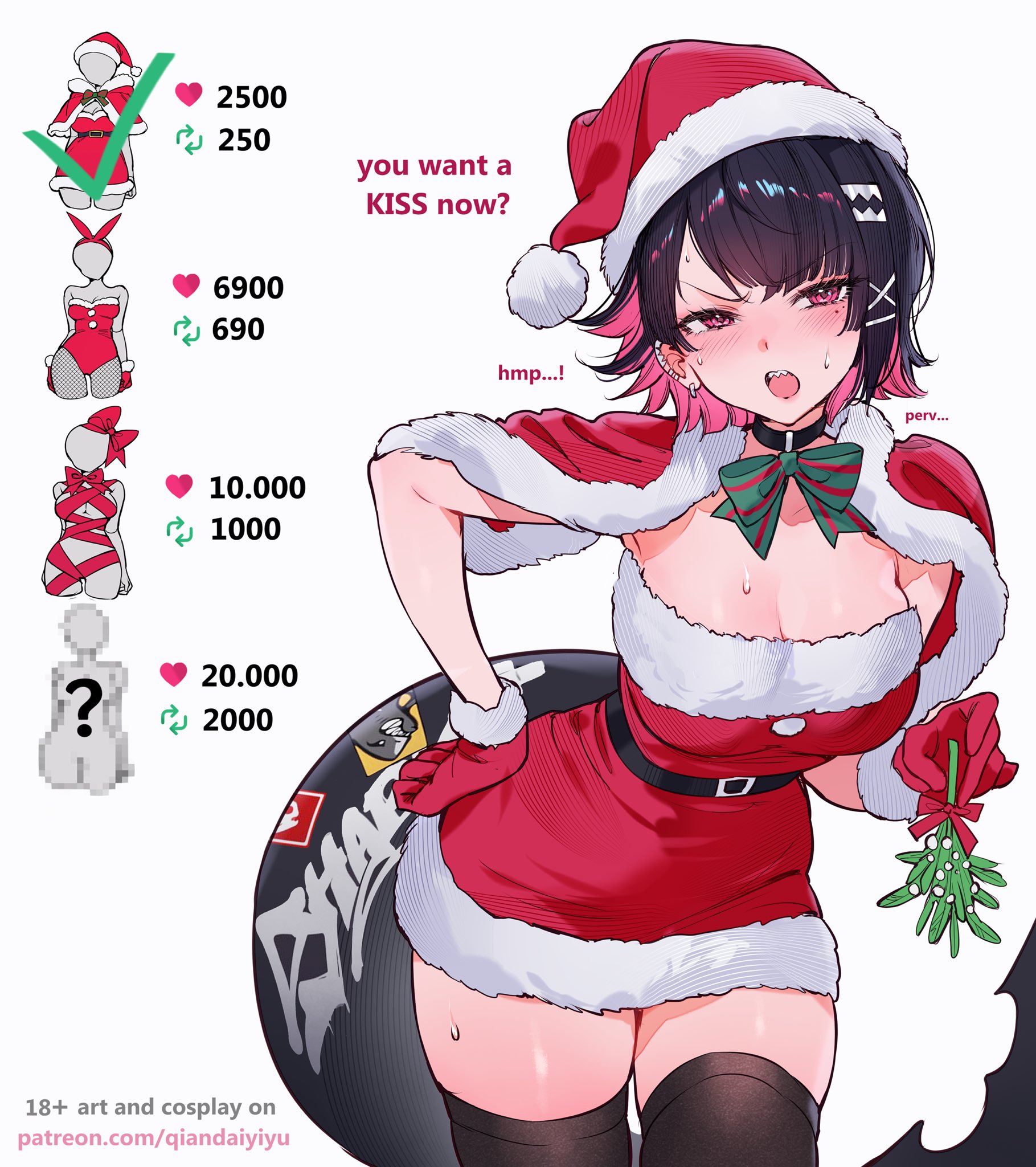 qiandaiyiyu, ellen joe, zenless zone zero, commentary, english commentary, highres, paid reward available, 1girl, alternate costume, black choker, black hair, black thighhighs, breasts, choker, ear piercing, english text, fins, fish tail, fur-trimmed gloves, fur-trimmed headwear, fur trim, gloves, hair ornament, hairclip, hand on own hip, hat, holding, large breasts, mole, mole under eye, open mouth, patreon username, piercing, pink eyes, pink hair, red gloves, red hat, santa hat, shark girl, shark tail, short hair, tail, thighhighs, twitter strip game, white background