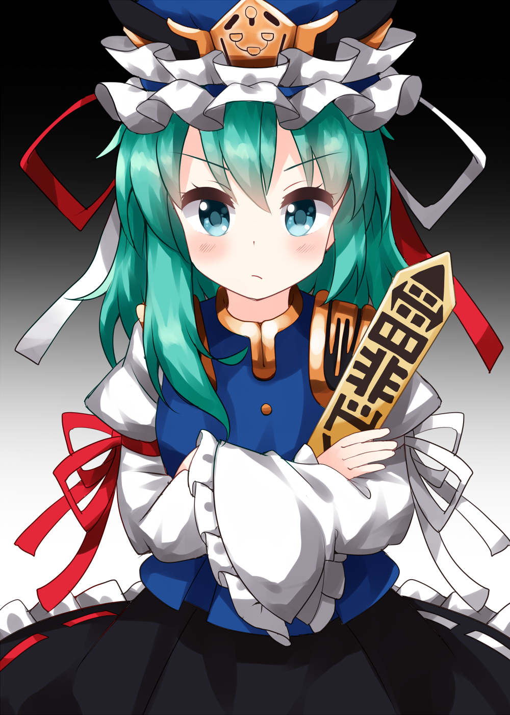 ruu (tksymkw), shiki eiki, touhou, commentary request, highres, 1girl, :/, aqua eyes, asymmetrical hair, black skirt, blue vest, blush, closed mouth, cowboy shot, crossed arms, frills, glaring, gold trim, gradient background, grey background, hat, holding, holding stick, long hair, long sleeves, looking at viewer, one-hour drawing challenge, petticoat, rod of remorse, simple background, skirt, solo, stick, v-shaped eyebrows, vest, wide sleeves