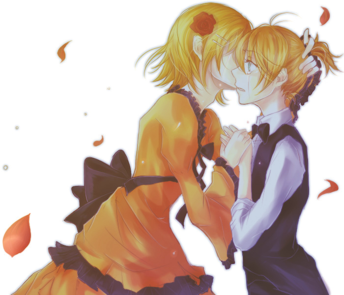 en (pixiv341819), allen avadonia, kagamine len, kagamine rin, aku no meshitsukai (vocaloid), aku no musume (vocaloid), evillious nendaiki, vocaloid, bad id, bad pixiv id, 1boy, 1girl, androgynous, aqua eyes, blonde hair, brother and sister, crossdressing, dress, flower, hair flower, hair ornament, hairclip, petals, reverse trap, rose, short hair, siblings, simple background, tears, trap, twins, victorian, yellow dress