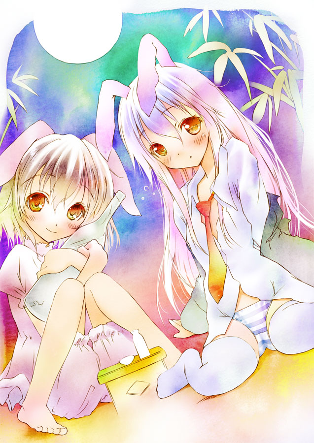 saeki touma, inaba tewi, reisen udongein inaba, touhou, bad id, bad pixiv id, mixed media, painting (medium), traditional media, watercolor (medium), 2girls, :<, animal ears, bamboo, bamboo forest, barefoot, bloomers, blush, bottle, brown hair, drunk, feet, female focus, forest, full moon, hugging object, long hair, moon, multiple girls, nature, necktie, open clothes, open shirt, panties, purple hair, rabbit ears, red eyes, shirt, short hair, sitting, skirt, striped clothes, striped panties, thighhighs, underwear, wariza