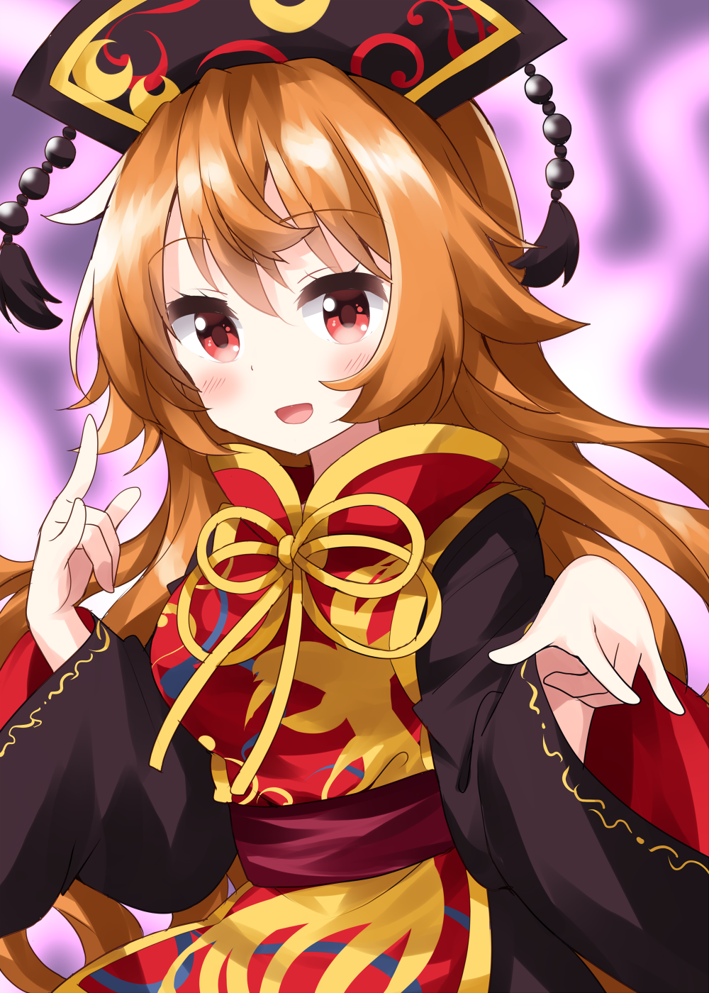 ruu (tksymkw), junko (touhou), touhou, commentary request, highres, 1girl, belt, black dress, black hat, black sleeves, blurry, blurry background, blush, bow, bowtie, breasts, brown belt, chinese clothes, cowboy shot, crescent, dalachi (headdress), dress, hair between eyes, hands up, hat, long hair, long sleeves, looking at viewer, medium breasts, one-hour drawing challenge, open mouth, orange hair, pom pom (clothes), purple background, red eyes, red vest, smile, solo, tabard, vest, wide sleeves, yellow bow, yellow bowtie