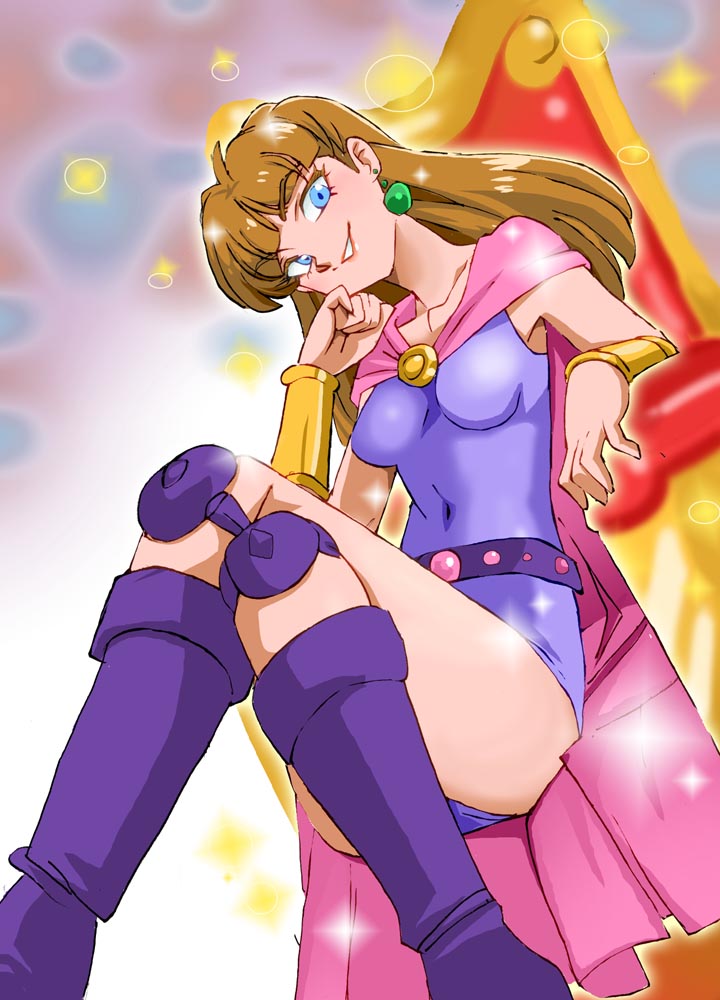 onnaski, game queen, narara superboard, 1girl, belt, blue eyes, blush, boots, bracer, breasts, brown hair, collarbone, crossed legs, earrings, grin, jewelry, knee pads, leotard, long hair, looking at viewer, medium breasts, necklace, pearl earrings, purple belt, purple boots, purple leotard, sitting, smile, sparkle, teeth, throne