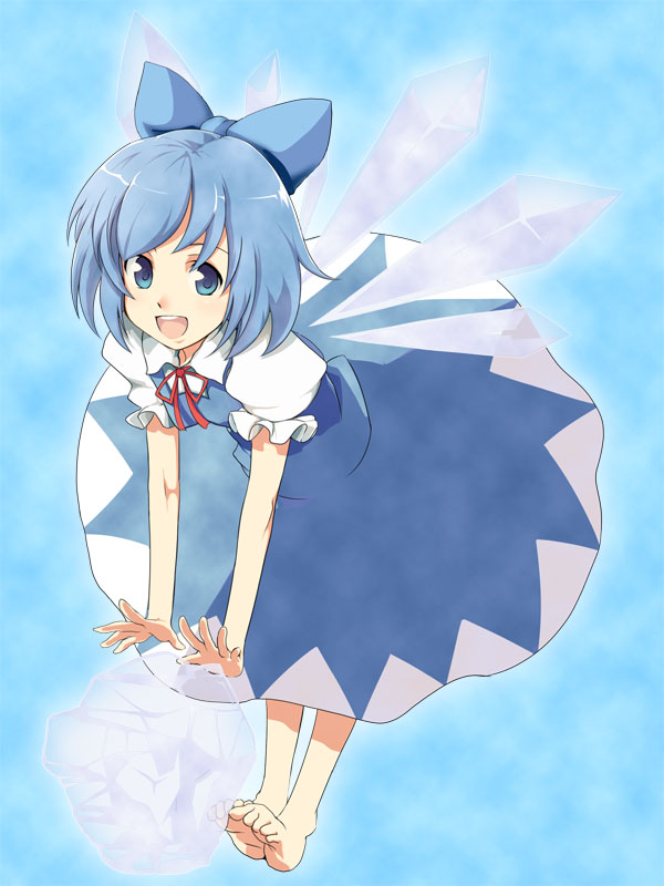 futami shinen, cirno, embodiment of scarlet devil, touhou, barefoot, blue eyes, blue hair, bow, feet, ice, short hair, smile, solo, wings