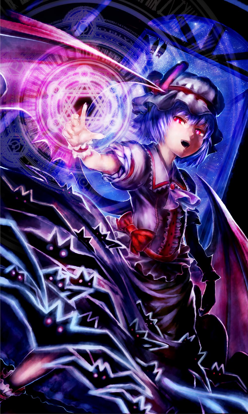 ahobaka, remilia scarlet, touhou, highres, 1girl, bat (animal), bat wings, blue hair, female focus, hat, magic circle, red eyes, short hair, solo, wings