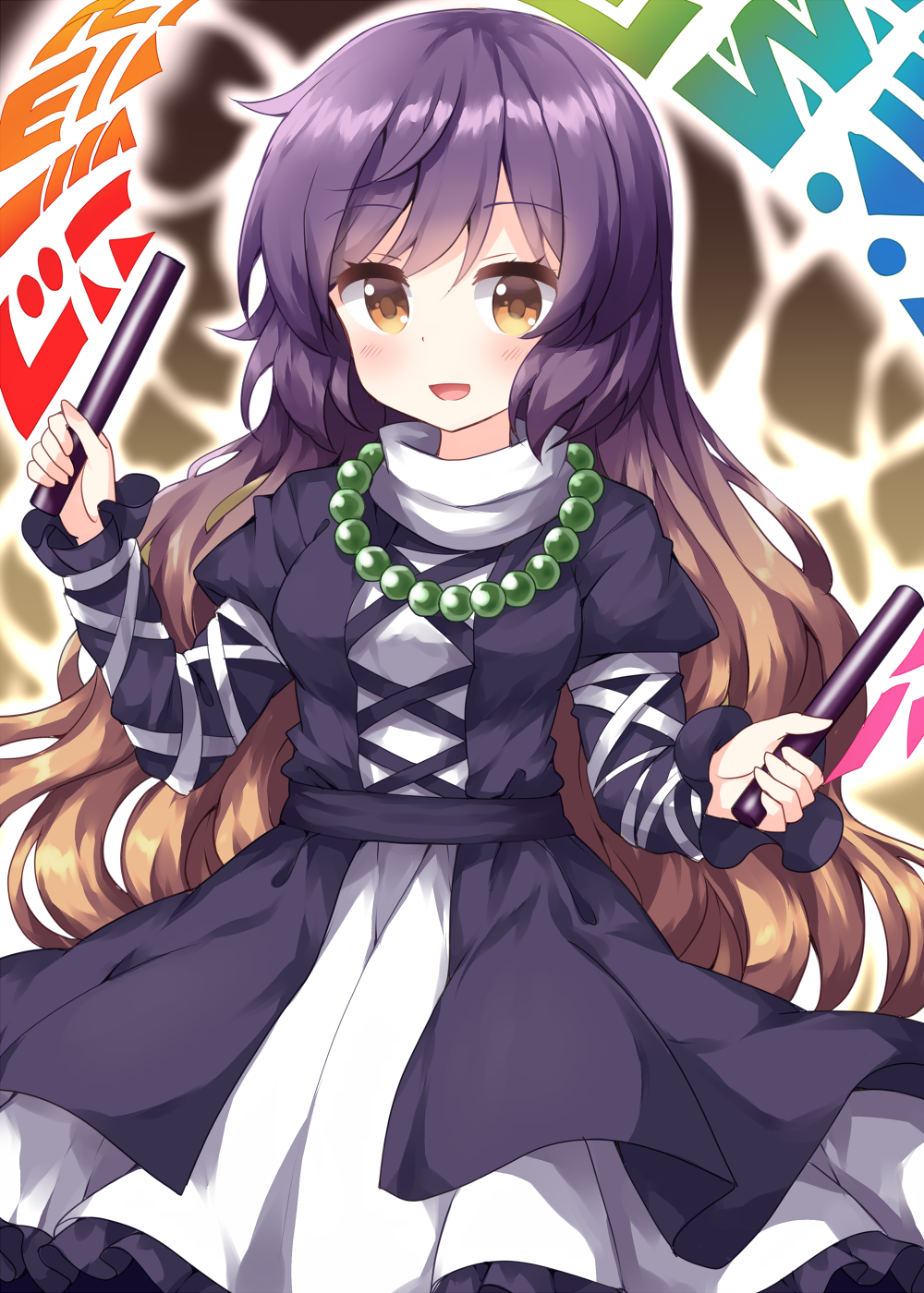 ruu (tksymkw), hijiri byakuren, touhou, commentary request, highres, 1girl, :d, blush, breasts, brown background, dress, feet out of frame, flag, gradient background, gradient hair, hand up, holding, holding flag, jewelry, juliet sleeves, long hair, long sleeves, looking at viewer, medium breasts, multicolored hair, necklace, one-hour drawing challenge, open mouth, outline, pearl necklace, puffy sleeves, purple dress, purple hair, simple background, smile, solo, sorcerer's sutra scroll, very long hair, white outline, yellow eyes