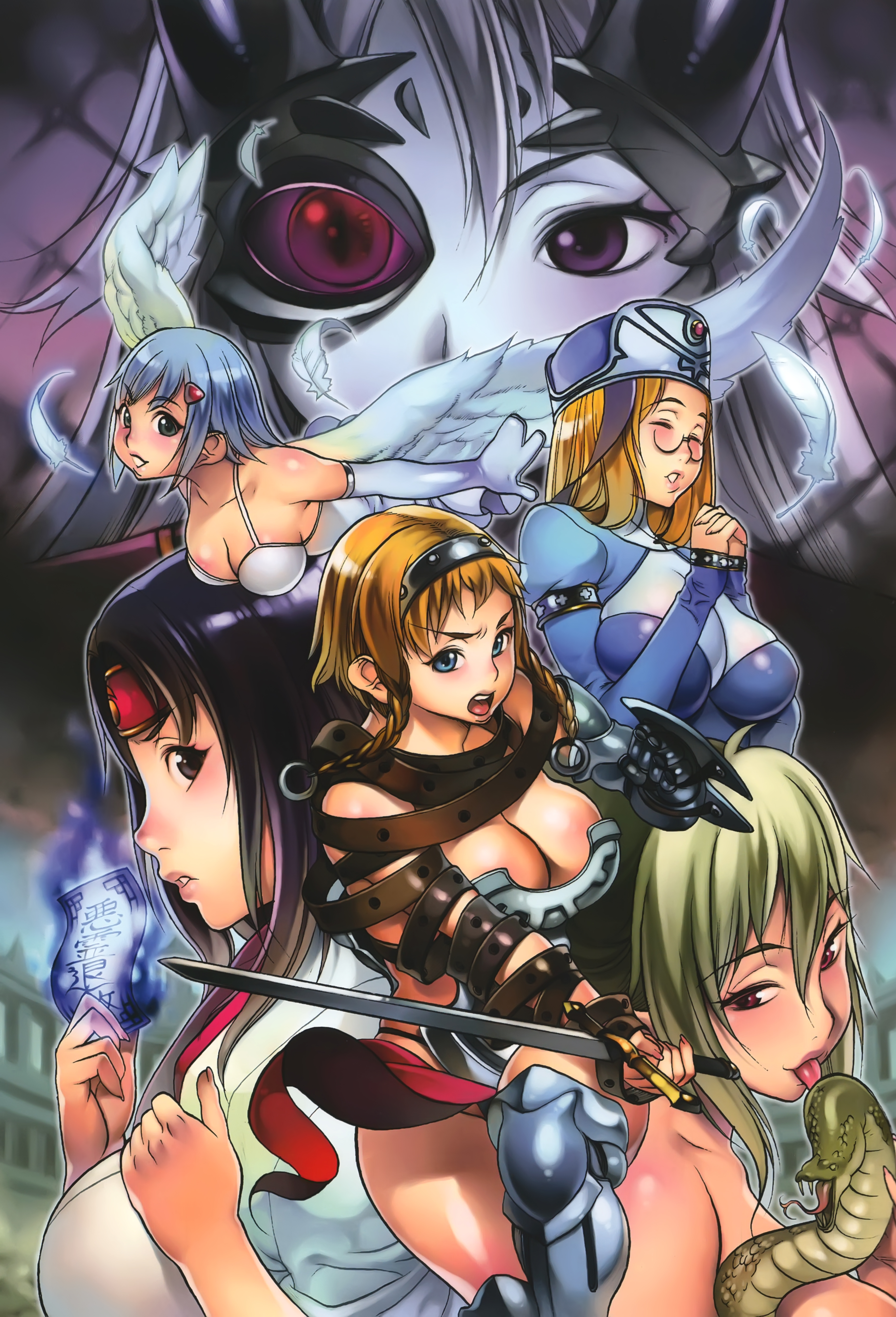 f.s., aldra (queen's blade), angel of light nanael, echidna (queen's blade), exiled warrior leina, gainos priestess melpha, leina (queen's blade), melpha, musha miko tomoe, nanael (queen's blade), queen aldra, tomoe (queen's blade), veteran mercenary echidna, queen's blade, absurdres, highres, official art, 00s, 6+girls, angel, angel wings, armor, asymmetrical wings, bare shoulders, black hair, blonde hair, blue eyes, blue hair, blush, breastplate, breasts, closed eyes, curvy, elbow gloves, eyepatch, gloves, green eyes, hat, headband, japanese clothes, large breasts, licking, lips, long hair, melpha (queen's blade), miko, multiple girls, ofuda, open mouth, praying, revealing clothes, snake, sword, talisman, underboob, weapon, wide hips, wings