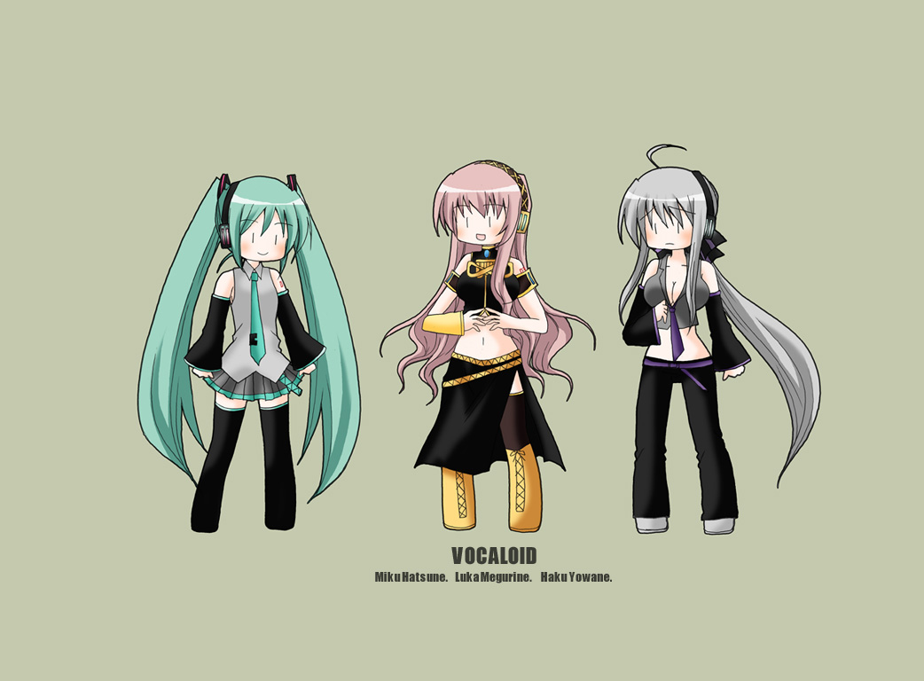 inscco, hatsune miku, megurine luka, yowane haku, vocaloid, silver hair, bad id, bad pixiv id, 3girls, ahoge, blouse, chibi, detached sleeves, green hair, grey shirt, long hair, midriff, multiple girls, pink hair, shirt, skirt, thighhighs, twintails, | |