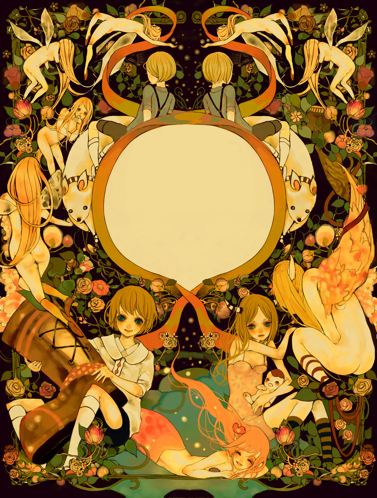 nogaru wako, original, highres, 6+girls, ass, brown hair, flower, green eyes, long hair, mermaid, monster girl, multiple girls, nude, short hair, smile, wings