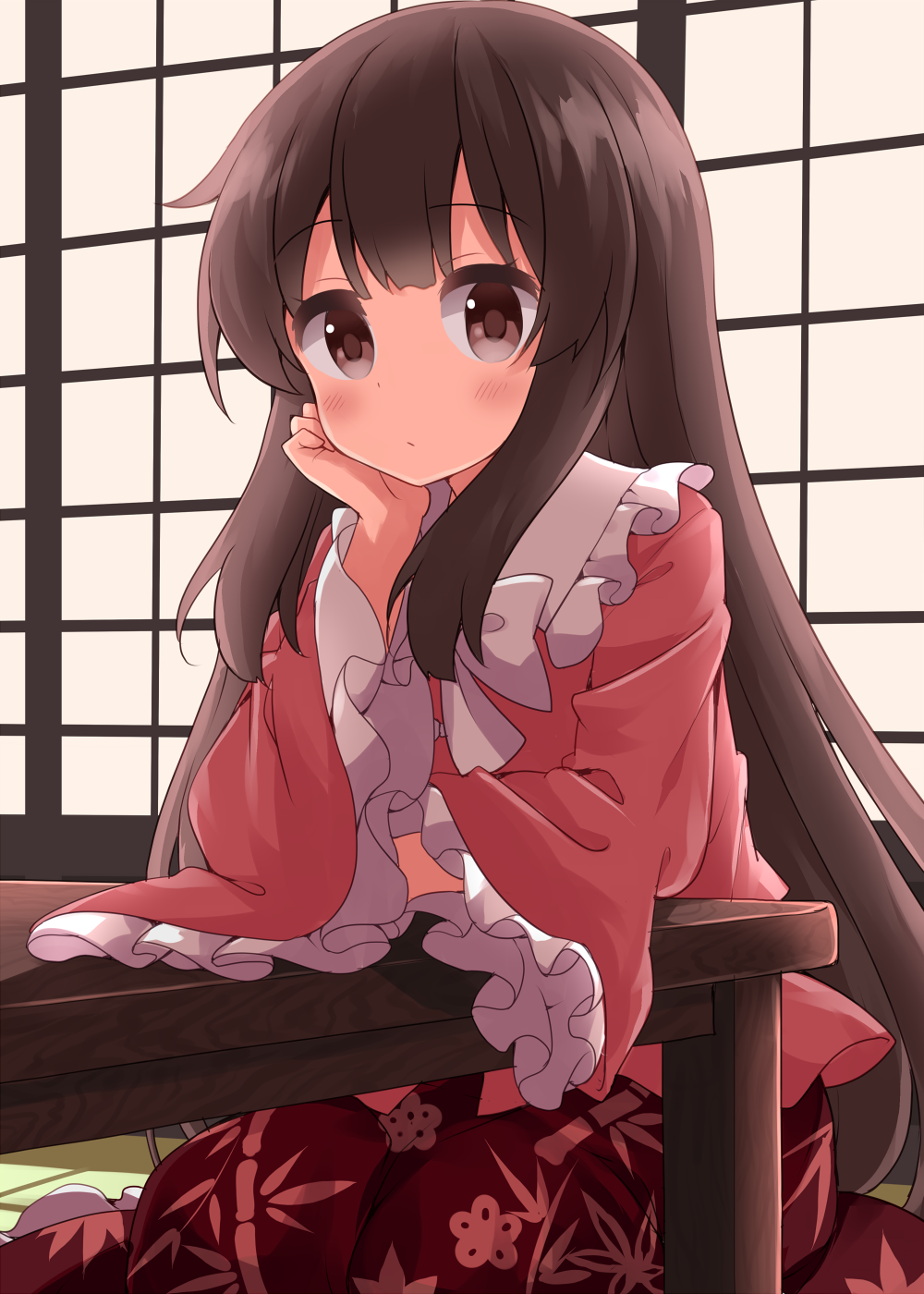 ruu (tksymkw), houraisan kaguya, touhou, commentary request, highres, 1girl, :/, bamboo print, blush, bow, bowtie, brown hair, closed mouth, dress, floral print, frills, hand on own cheek, hand on own face, hand up, head rest, hime cut, indoors, japanese clothes, kimono, long hair, long sleeves, looking at viewer, one-hour drawing challenge, pink eyes, pink kimono, purple dress, seiza, sidelocks, sitting, skirt, solo, table, very long hair, wariza, white bow, white bowtie, wide sleeves, window, wooden table