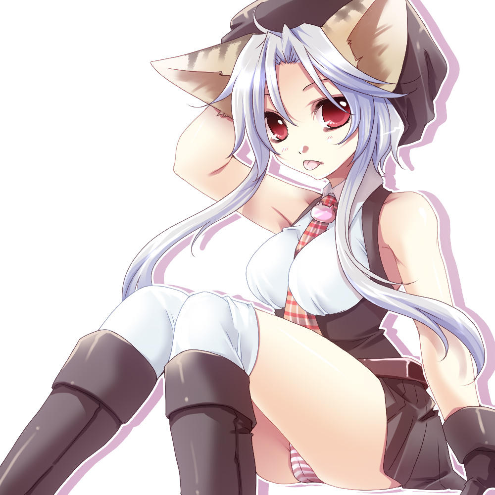 shinolion, takitsume shino, original, 1girl, :p, animal ears, bare shoulders, between breasts, blue hair, boots, breasts, cat ears, female focus, hat, long hair, necktie, panties, red eyes, sitting, solo, striped clothes, striped panties, thighhighs, tongue, tongue out, underwear