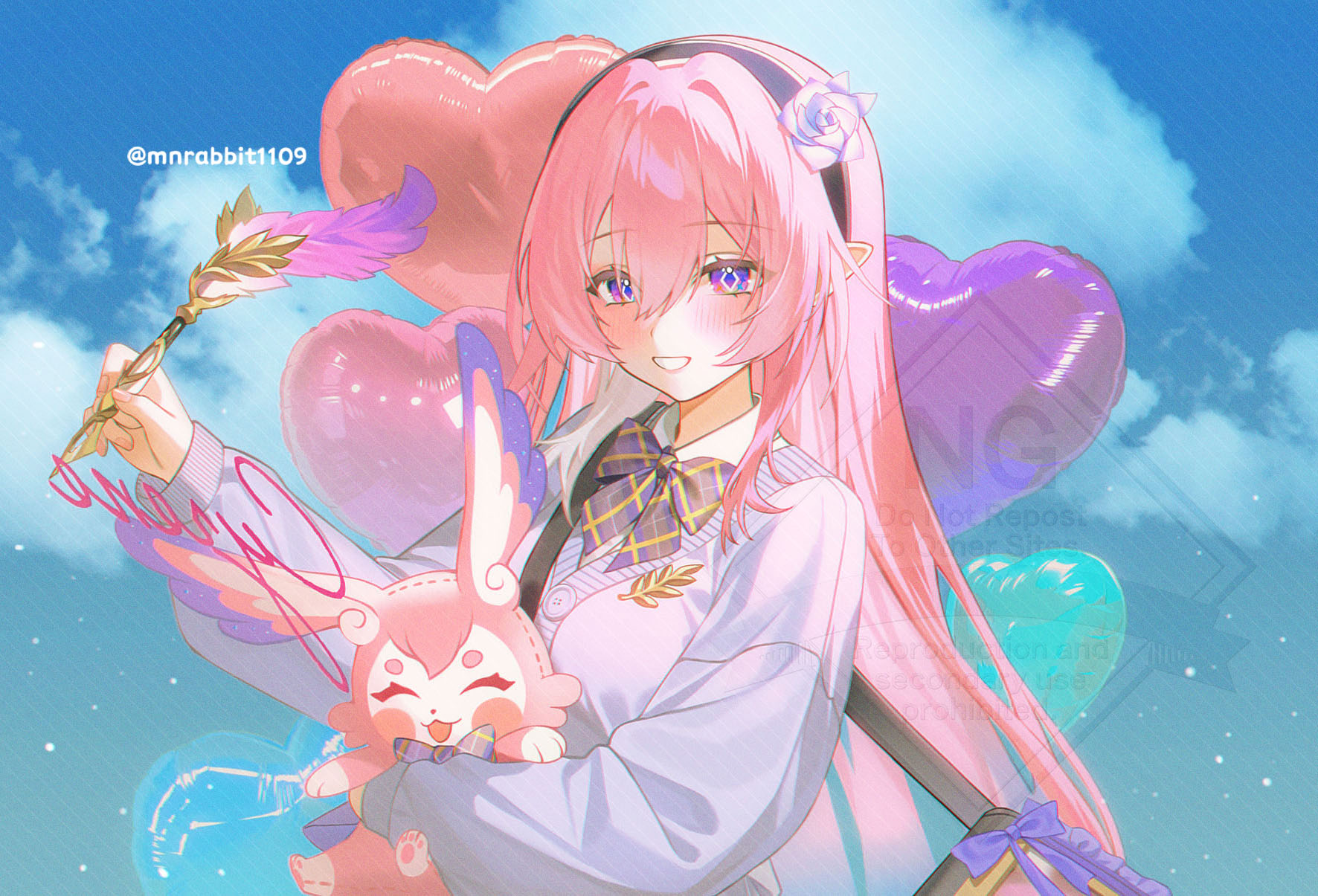 cyrene (honkai: star rail), mem (honkai: star rail), honkai: star rail, honkai (series), commentary, highres, symbol-only commentary, 1girl, alternate costume, animal, balloon, black hairband, blue sky, breasts, cardigan, cyrene (demiurge) (honkai: star rail), diamond-shaped pupils, diamond (shape), flower, grey cardigan, hair flower, hair ornament, hairband, heart balloon, holding, holding animal, holding quill, long hair, medium breasts, mnrabbit1109, pink hair, pointy ears, purple eyes, quill, sky, smile, symbol-shaped pupils, twitter username, upper body, very long hair