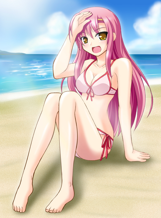katsura hinagiku, hayate no gotoku!, artist request, 00s, 1girl, barefoot, beach, bikini, breasts, cleavage, day, female focus, front-tie top, long hair, long legs, ocean, open mouth, outdoors, pink hair, sand, side-tie bikini bottom, smile, solo, swimsuit, white bikini, yellow eyes