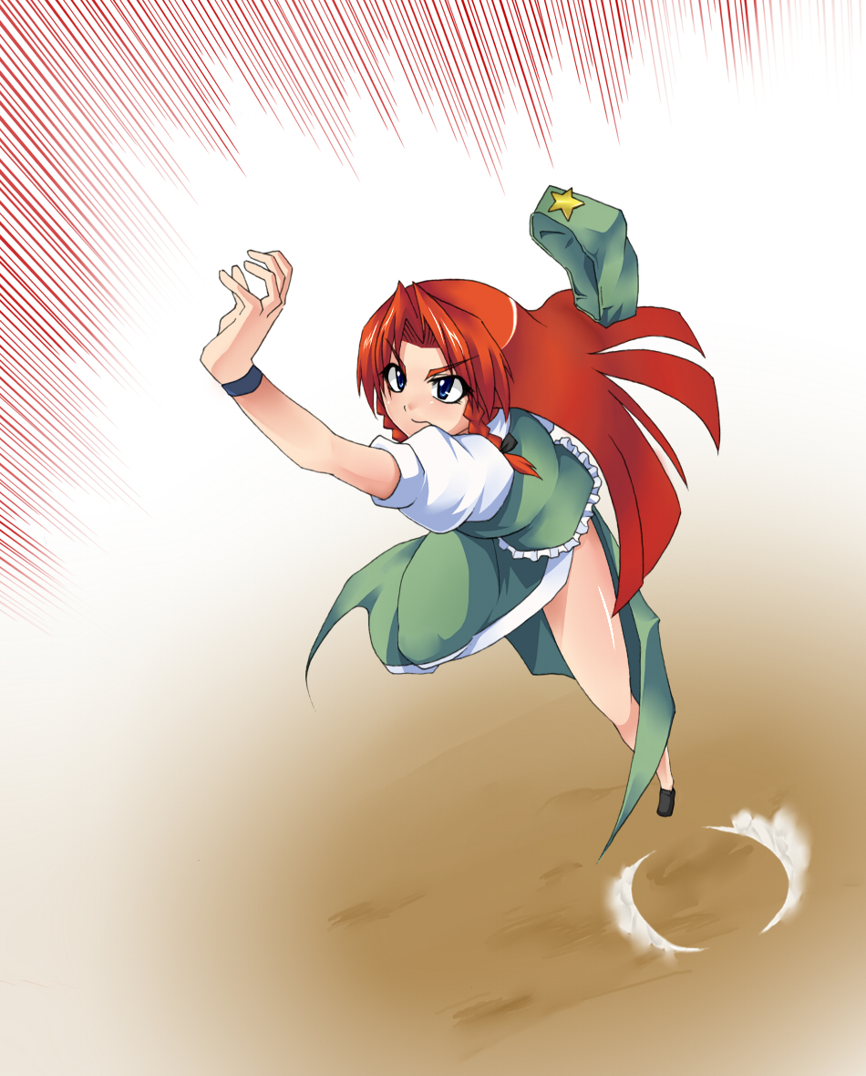 rurie (lourie), hong meiling, immaterial and missing power, touhou, bad id, bad pixiv id, 1girl, blue eyes, braid, china dress, chinese clothes, dress, female focus, gradient background, hat, long hair, red hair, solo, twin braids