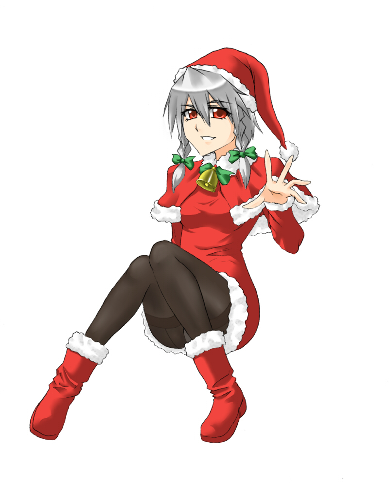rurie (lourie), izayoi sakuya, touhou, silver hair, bad id, bad pixiv id, 1girl, bell, boots, braid, female focus, hat, panties, panties under pantyhose, pantyhose, red eyes, santa costume, santa hat, short hair, simple background, solo, twin braids, underwear, white background