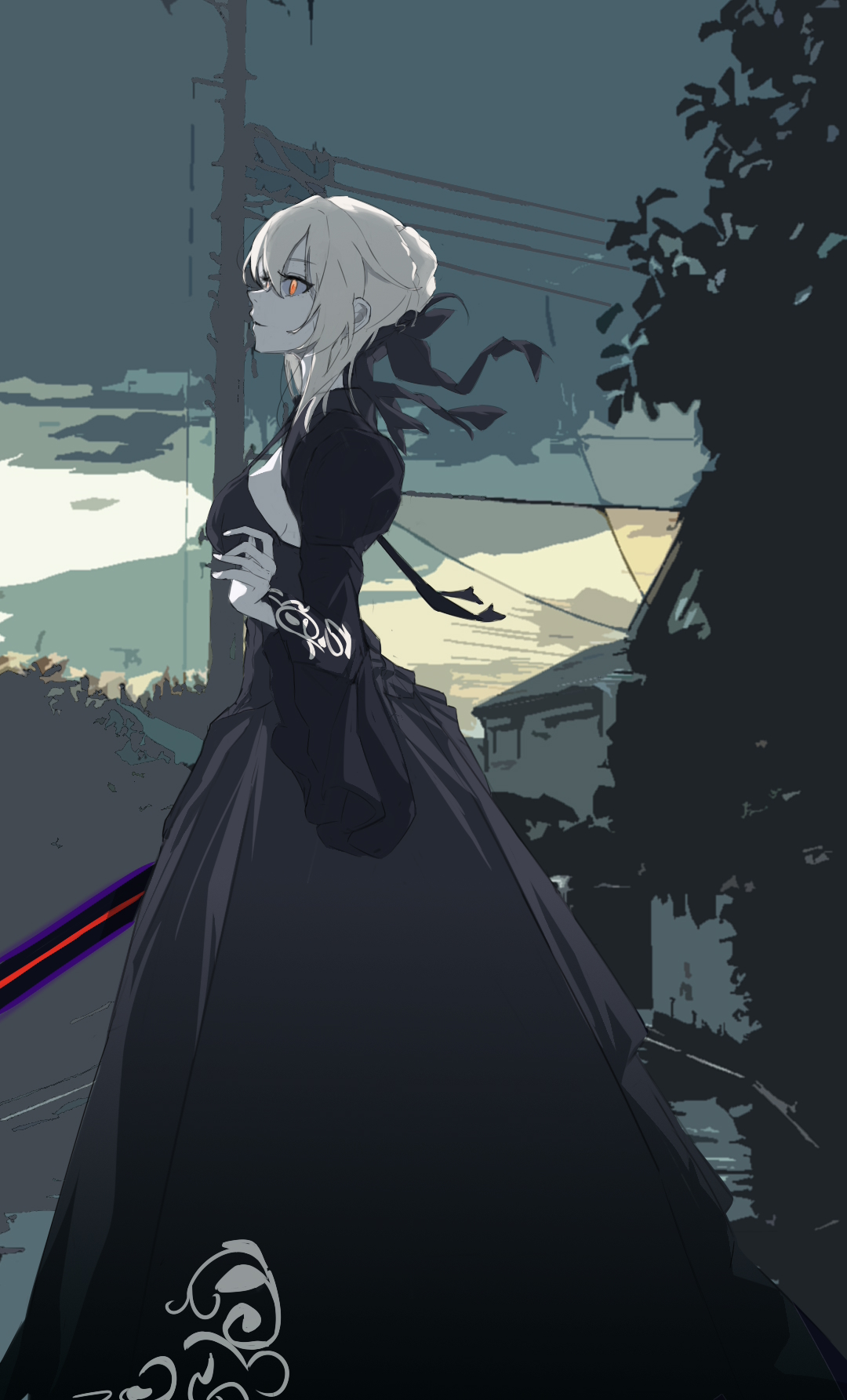 artoria pendragon (fate), saber alter, saber alter (third ascension), fate/grand order, fate/stay night, fate (series), highres, 1girl, black dress, black ribbon, blonde hair, braid, breasts, dress, excalibur morgan (fate), grey sky, hair bun, hair ribbon, itagaki rihito, juliet sleeves, long hair, long sleeves, medium breasts, orange eyes, puffy sleeves, ribbon, sidelocks, sky, sword, weapon