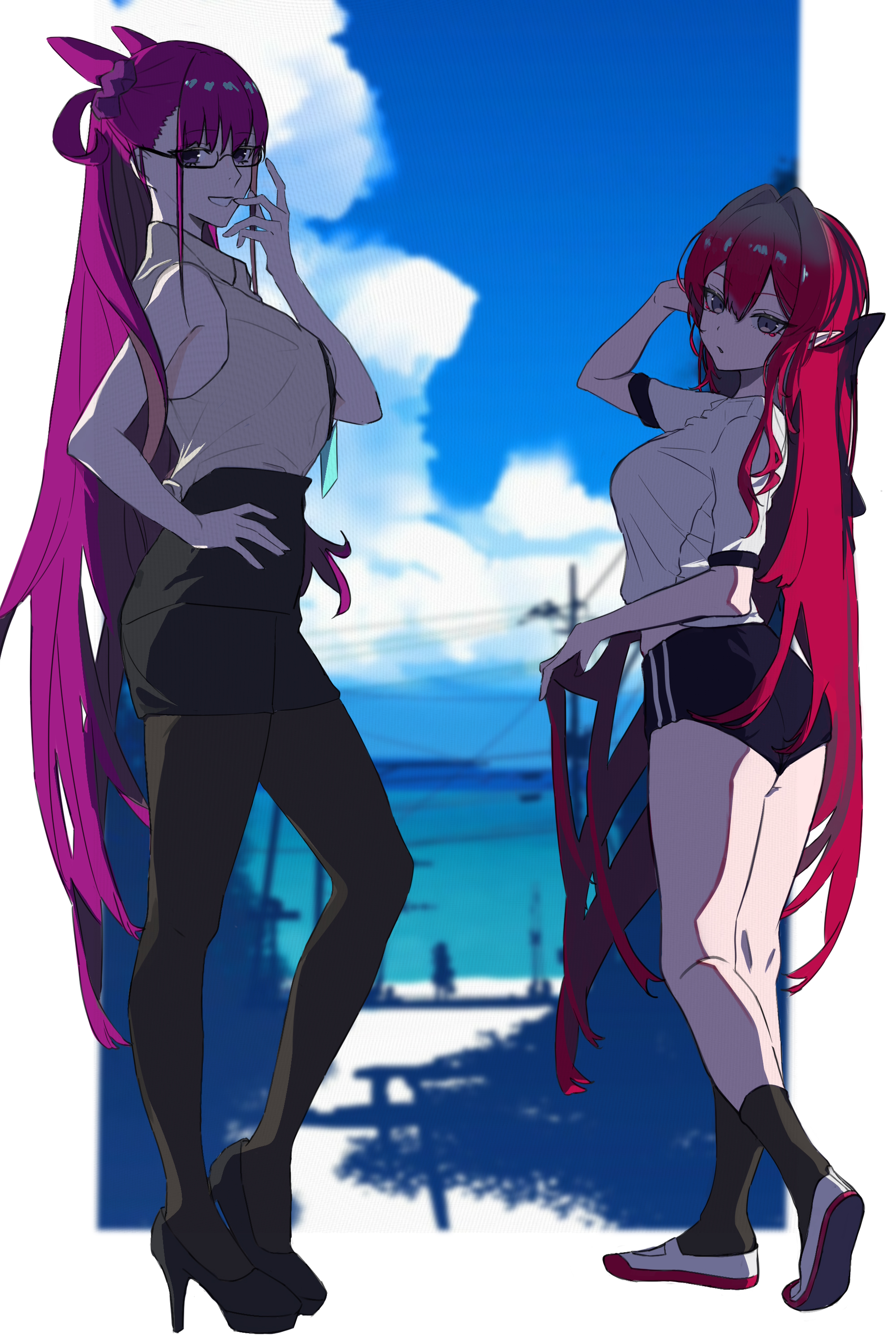 baobhan sith (fate), murasaki shikibu (fate), fate/grand order, fate (series), absurdres, highres, 2girls, ass, black buruma, black skirt, blue sky, breasts, brown pantyhose, buruma, collared shirt, cone hair bun, full body, glasses, grey eyes, grin, hair bun, hair ornament, high heels, itagaki rihito, kneehighs, large breasts, long hair, looking at viewer, multiple girls, pantyhose, pencil skirt, pink hair, pointy ears, purple eyes, purple hair, shirt, short sleeves, sidelocks, skirt, sky, sleeveless, sleeveless shirt, smile, socks, two side up, very long hair, white shirt