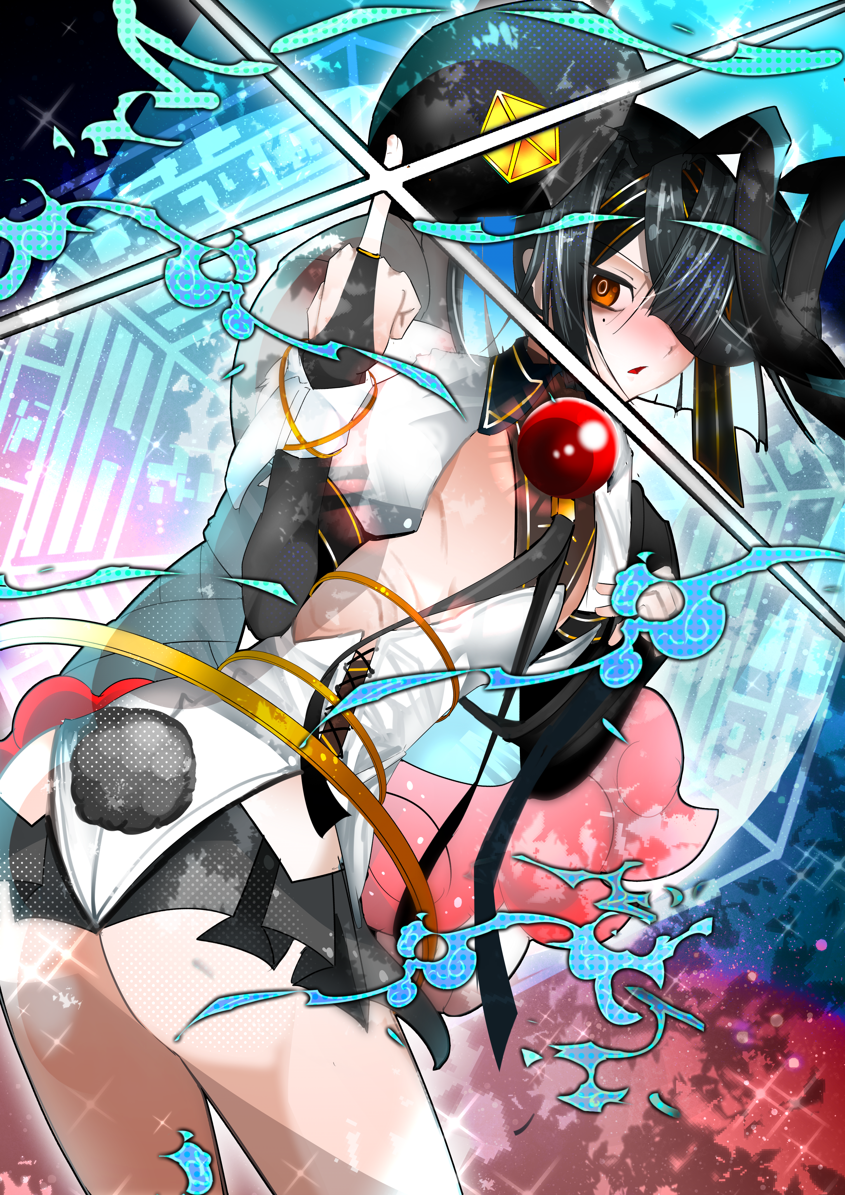 kitsunebi44410, space xu fu (fate), xu fu (fate), fate/grand order, fate (series), absurdres, highres, 1girl, adapted costume, animal ears, ass, black hair, black hat, blush, bracelet, breasts, bridal gauntlets, brown eyes, fake animal ears, fake tail, hair over one eye, hat, highleg, highleg leotard, jewelry, lady yu doll, leotard, long sleeves, looking at viewer, looking back, middle finger, mole, mole under eye, puffy short sleeves, puffy sleeves, rabbit ears, rabbit tail, short hair, short sleeves, small breasts, solo, tail, thighs, white leotard