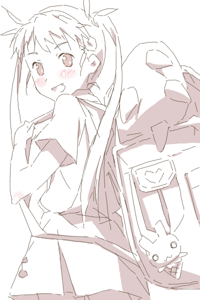 katakuri, hachikuji mayoi, bakemonogatari, monogatari (series), 00s, 1girl, backpack, bag, blush, fang, female focus, hair ribbon, hairband, long hair, long twintails, monochrome, oekaki, randoseru, ribbon, school uniform, skirt, solo, spot color, twintails