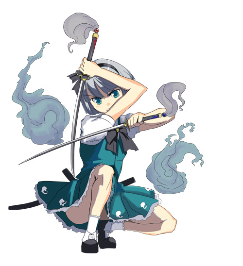 futami shinen, konpaku youmu, konpaku youmu (ghost), touhou, silver hair, 1girl, blue eyes, dual wielding, female focus, ghost, hairband, hitodama, holding, katana, short hair, solo, sword, weapon