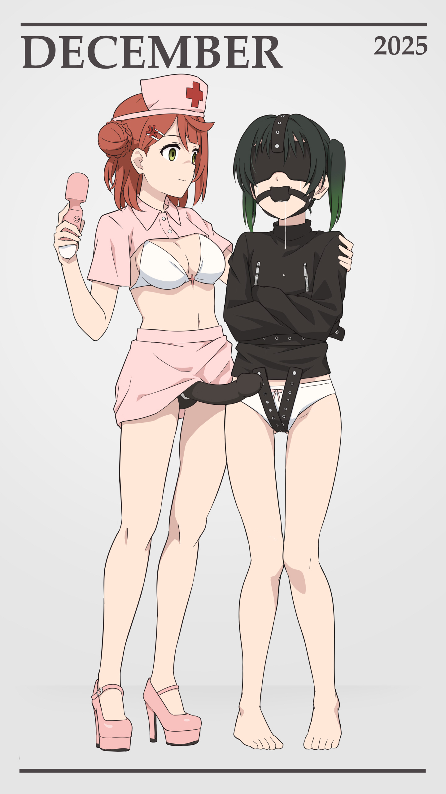 laofuzi dai bansho, takasaki yu, uehara ayumu, love live!, love live! nijigasaki high school idol club, absurdres, commentary, highres, 2025, 2girls, anger vein, anger vein hair ornament, barefoot, bdsm, black hair, bondage, bound, bow, bow panties, bra, braid, breasts, bun with braided base, cleavage, collared shrug, crying, december, dildo, empty eyes, full body, gagged, gradient hair, green hair, grey background, hair bun, hair ornament, hat, high heels, holding, holding sex toy, jealous, mary janes, medium breasts, medium hair, miniskirt, multicolored hair, multiple girls, navel, nurse cap, orange hair, panties, pink bow, pink hat, pink shoes, pink shrug, pink skirt, saliva, sex toy, shoes, shrug (clothing), simple background, single side bun, skirt, standing, stomach, straitjacket, strap-on, twintails, underwear, vibrator, white bra, white panties, yandere, yuri