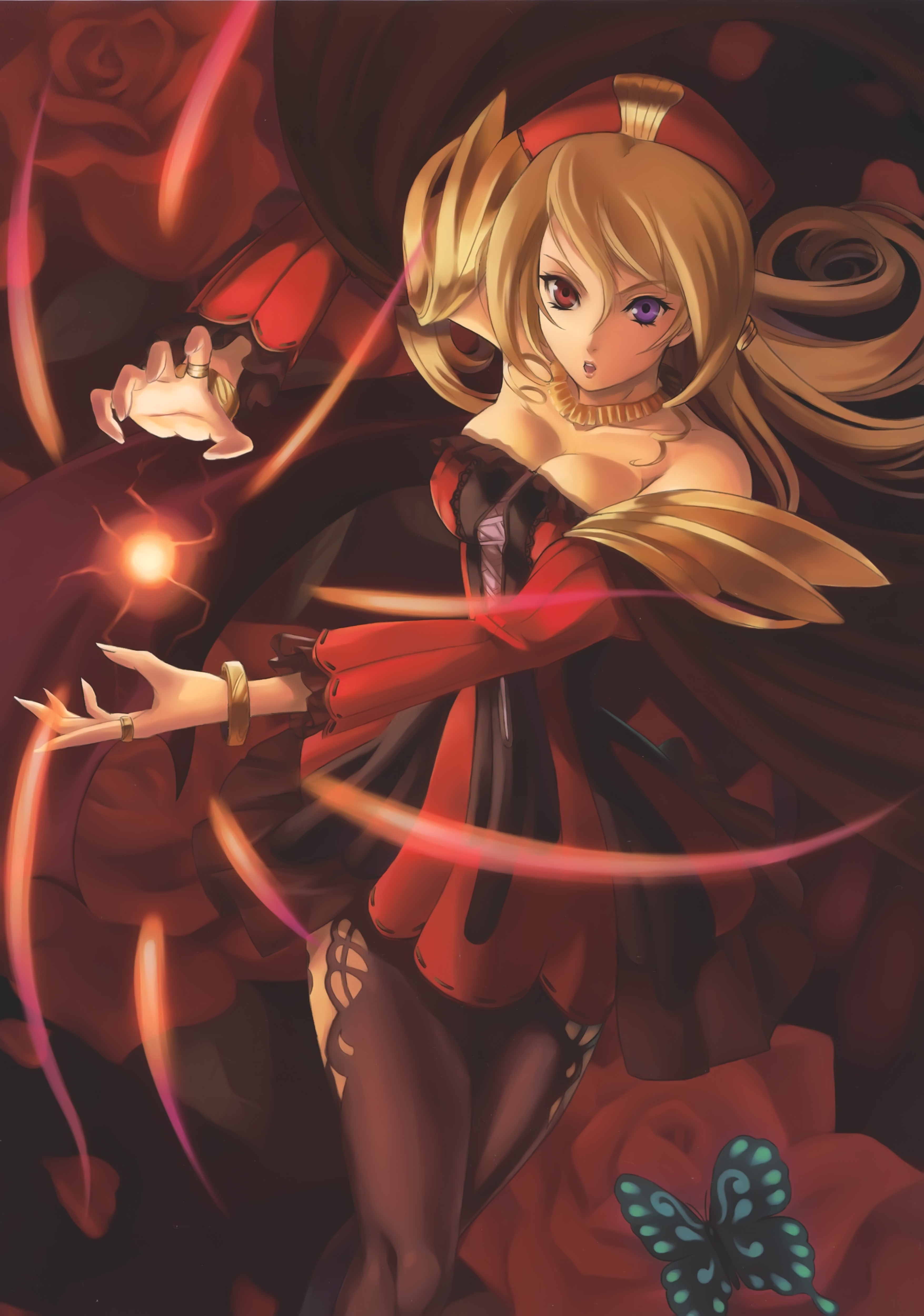 eiwa, absurdres, highres, 1girl, bare shoulders, blonde hair, breasts, bug, butterfly, cleavage, hat, heterochromia, jewelry, long hair, magic, necklace, purple eyes, red eyes