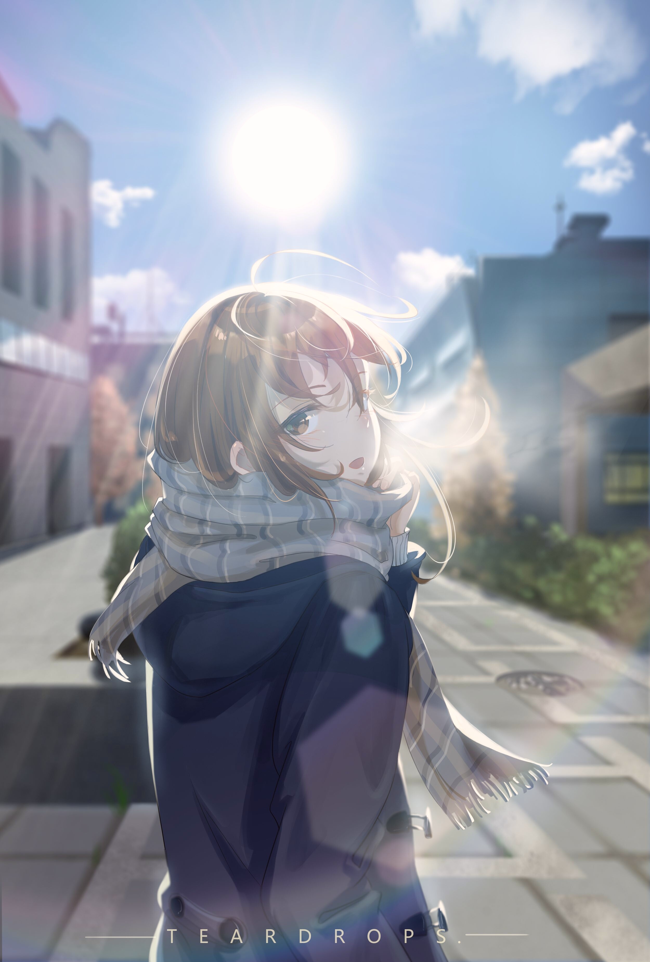 teardrops (user vgvd7733), original, absurdres, commentary request, highres, 1girl, artist name, black jacket, blurry, blurry background, breath, brown eyes, brown hair, bush, cloud, day, duffel jacket, grey scarf, hand up, house, jacket, long sleeves, looking back, medium hair, open mouth, outdoors, plaid clothes, plaid scarf, scarf, sideways glance, sky, sleeve cuffs, sleeves past wrists, solo, sun, sunlight, tree, turning head, upper body