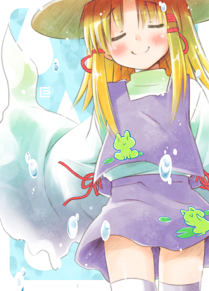 eretto, moriya suwako, touhou, 1girl, blonde hair, blush, closed eyes, erreto, female focus, frog, hair ribbon, hat, ribbon, short hair, smile, solo, thighhighs, wide sleeves, zettai ryouiki