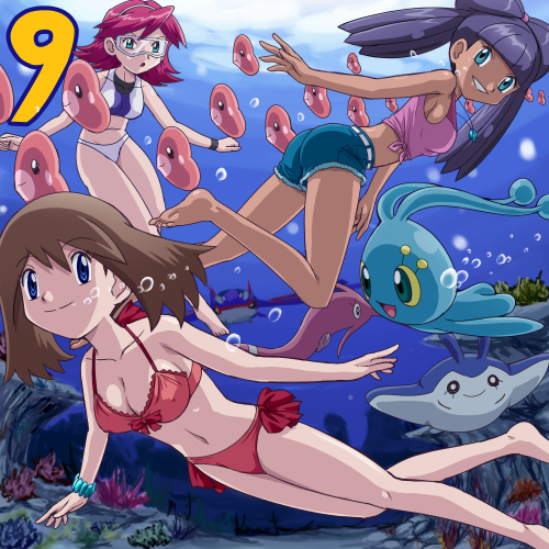 pokemoa, gorebyss, judy (pokemon), kyogre, lizabeth (pokemon), luvdisc, manaphy, mantyke, may (pokemon), nintendo, pokemon, pokemon (anime), pokemon ranger and the temple of the sea, pokemon rse (anime), lowres, 00s, 3girls, air bubble, barefoot, belt, bikini, blue eyes, blue hair, breasts, breath, brown hair, bubble, cleavage, freediving, gen 3 pokemon, gen 4 pokemon, holding breath, legendary pokemon, looking back, medium breasts, midriff, multiple girls, mythical pokemon, panties, pokemon (creature), red hair, shirt, shorts, swimming, swimsuit, tied shirt, underwater, underwear