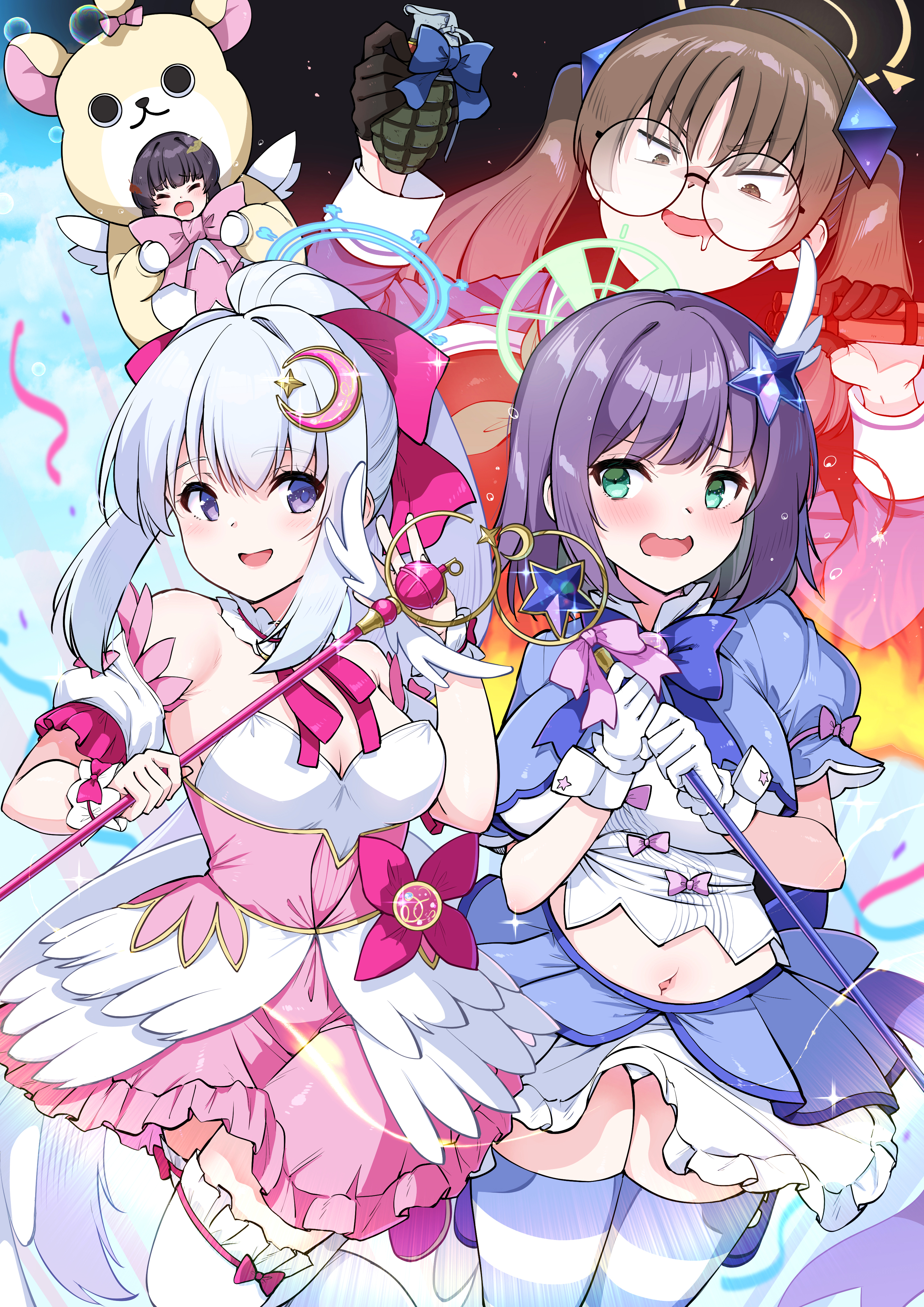 sarfata, miyako (blue archive), miyu (blue archive), moe (blue archive), reisa (blue archive), reisa (magical) (blue archive), saki (blue archive), shimiko (blue archive), shimiko (magical) (blue archive), suzumi (blue archive), suzumi (magical) (blue archive), blue archive, absurdres, highres, 4girls, black gloves, black hair, black leotard, blue halo, blue shrug, breasts, brown eyes, brown hair, corset, cosplay, crescent, crescent hair ornament, detached sleeves, explosive, glasses, gloves, green eyes, green halo, grenade, grey hair, hair ornament, half gloves, halo, halter leotard, halterneck, holding, holding grenade, holding staff, large breasts, leaf, leaf on head, leotard, long hair, mage staff, magical girl, mascot costume, medium breasts, midriff, multiple girls, navel, panties, pink corset, puffy short sleeves, puffy sleeves, purple eyes, purple hair, rabbit platoon (blue archive), reisa (blue archive) (cosplay), round eyewear, shimiko (blue archive) (cosplay), short hair, short sleeves, shrug (clothing), staff, star (symbol), star hair ornament, striped clothes, striped thighhighs, suzumi (blue archive) (cosplay), thighhighs, twintails, underwear, very long hair, white gloves, white panties, white thighhighs, wing hair ornament, yellow halo