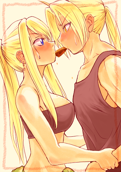 lithiumia, edward elric, winry rockbell, fullmetal alchemist, 00s, 1boy, 1girl, blonde hair, blue eyes, blush, earrings, jewelry, long hair, midriff, mouth hold, ponytail, tank top, yellow eyes
