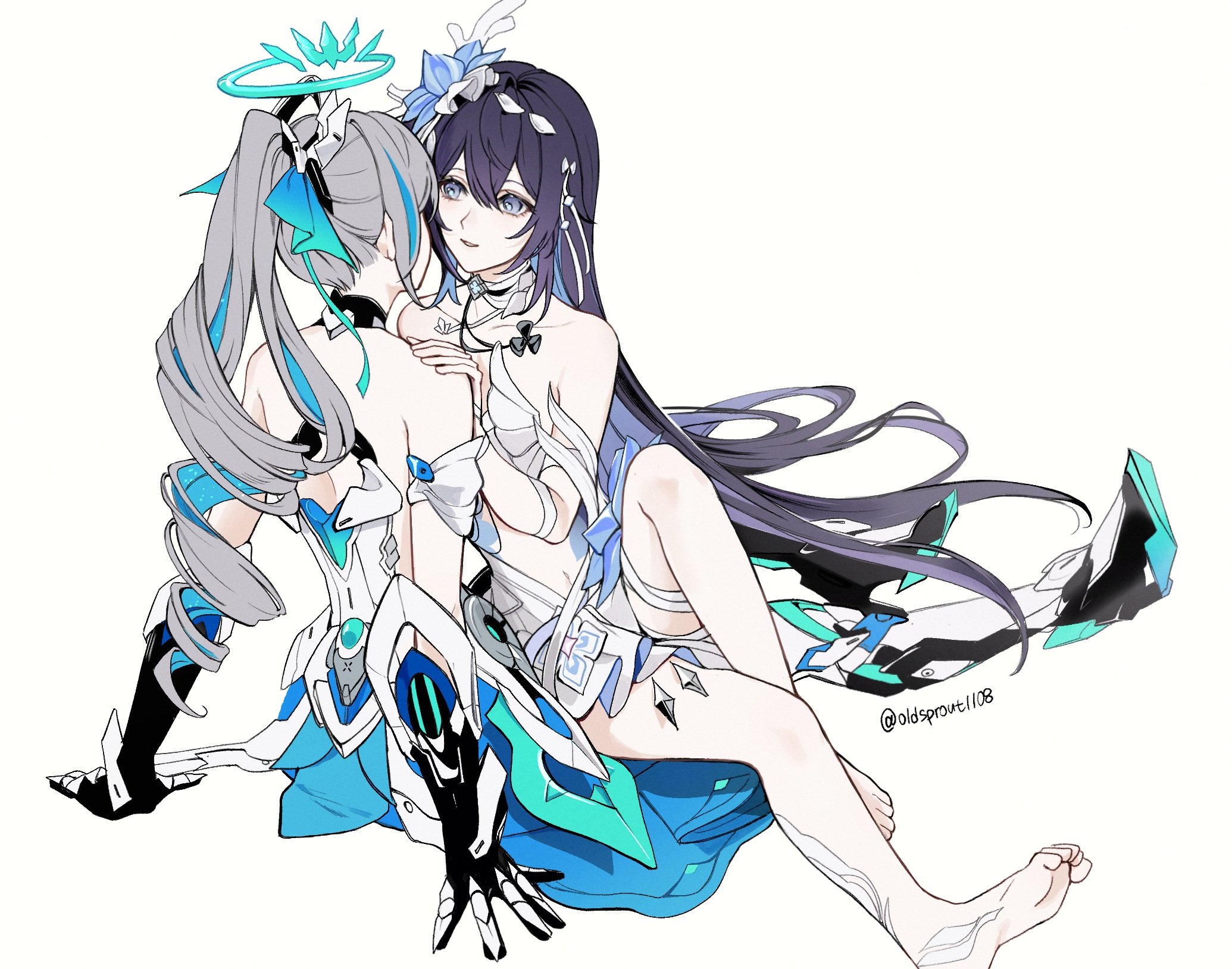 oldsprout1108, bronya zaychik, bronya zaychik (herrscher of truth), seele vollerei, seele vollerei (herrscher of rebirth), honkai (series), honkai impact 3rd, hashtag-only commentary, highres, 2girls, armor, armored dress, bare shoulders, barefoot, blue dress, blue eyes, blue hair, blue halo, breasts, colored inner hair, dress, drill hair, feet, flower, gauntlets, grey hair, hair flower, hair ornament, halo, hand on another's shoulder, long hair, multicolored hair, multiple girls, simple background, small breasts, soles, toes, twin drills, twitter username, two-tone hair, very long hair, white background, white dress, yuri