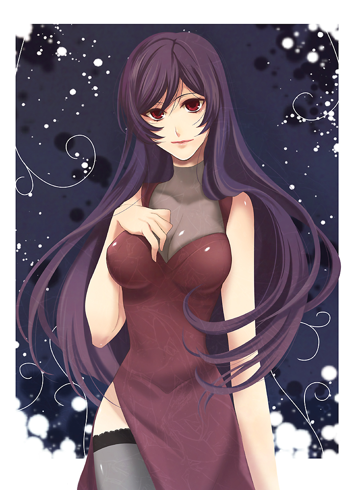 adu, hirose azumi, tieria erde, gundam, gundam 00, bad id, bad pixiv id, 00s, 1boy, black thighhighs, blush, body blush, breasts, china dress, chinese clothes, cleavage, crossdressing, crossdressing (mtf), dress, large breasts, lipstick, long hair, makeup, male focus, purple hair, red eyes, side slit, solo, thighhighs, trap