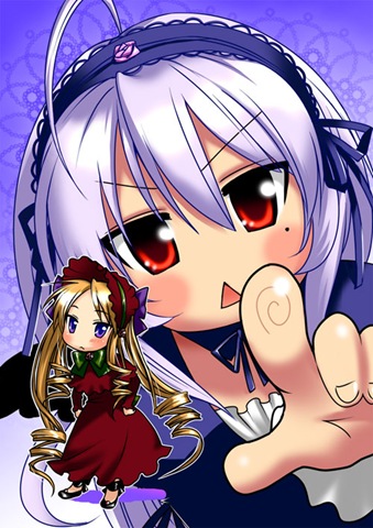 caffein, hiiragi kagami, izumi konata, shinku, suigintou, lucky star, motteke! serafuku, rozen maiden, lowres, 2girls, :<, blonde hair, bonnet, cosplay, detached collar, multiple girls, parody, pointing, red bonnet