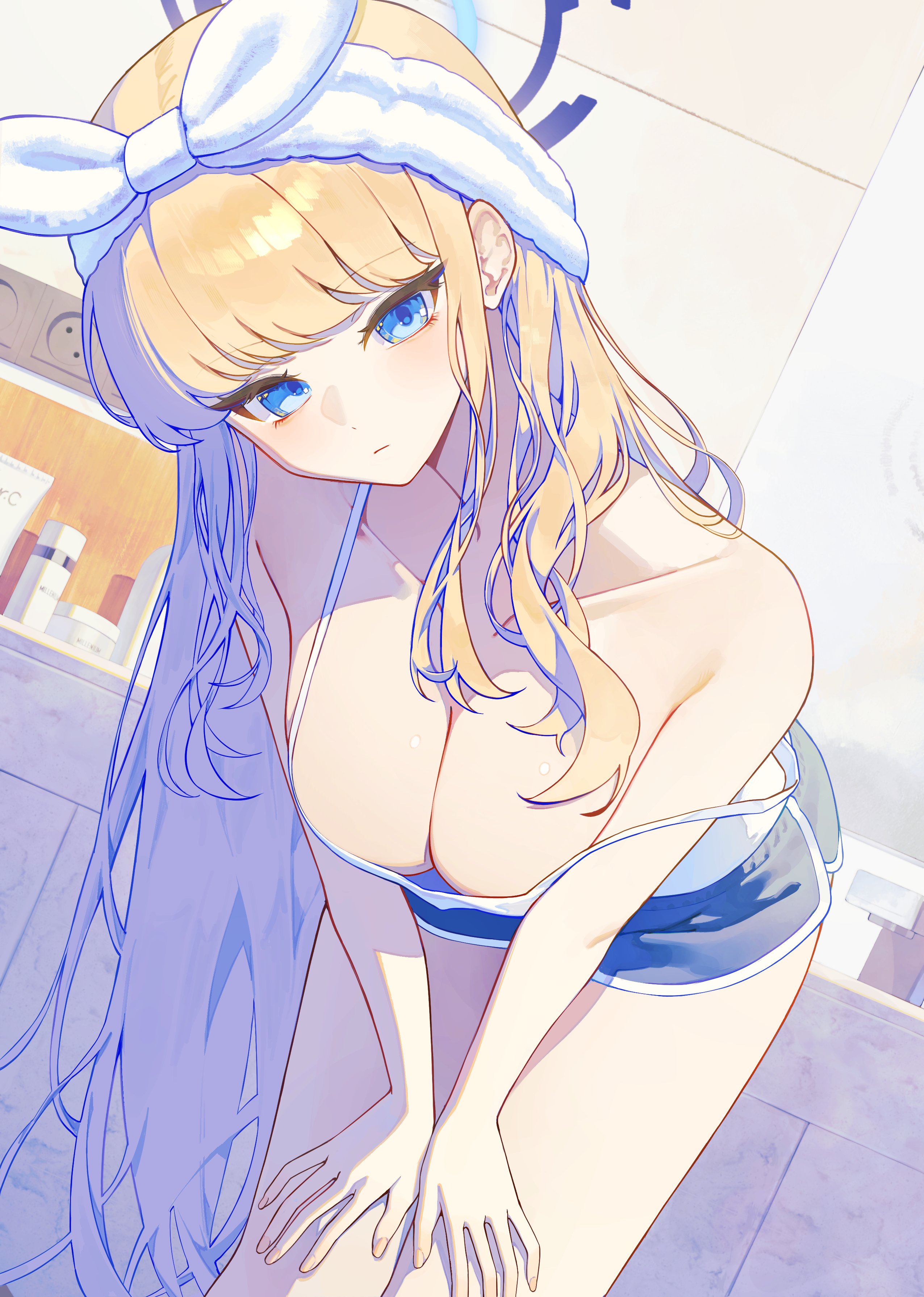 sbgu, toki (blue archive), blue archive, absurdres, highres, 1girl, bare shoulders, bent over, blonde hair, blue eyes, bow, breasts, cleavage, dolphin shorts, halo, hand on own knee, headband, long hair, looking at viewer, looking down, medium breasts, shorts, strap slip, wet, wet hair, white headband