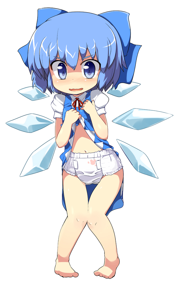 mamo williams, cirno, embodiment of scarlet devil, touhou, 1girl, barefoot, blue eyes, blue hair, clean diaper, clothes lift, clothes pull, diaper, diaper under clothes, dress, dress lift, exposed diaper, fairy, female focus, hair ribbon, knees together feet apart, lifting own clothes, matching hair/eyes, midriff, navel, pigeon-toed, presenting diaper, ribbon, skirt, skirt lift, skirt pull, solo, tape on diaper, wavy mouth, white diaper, wings