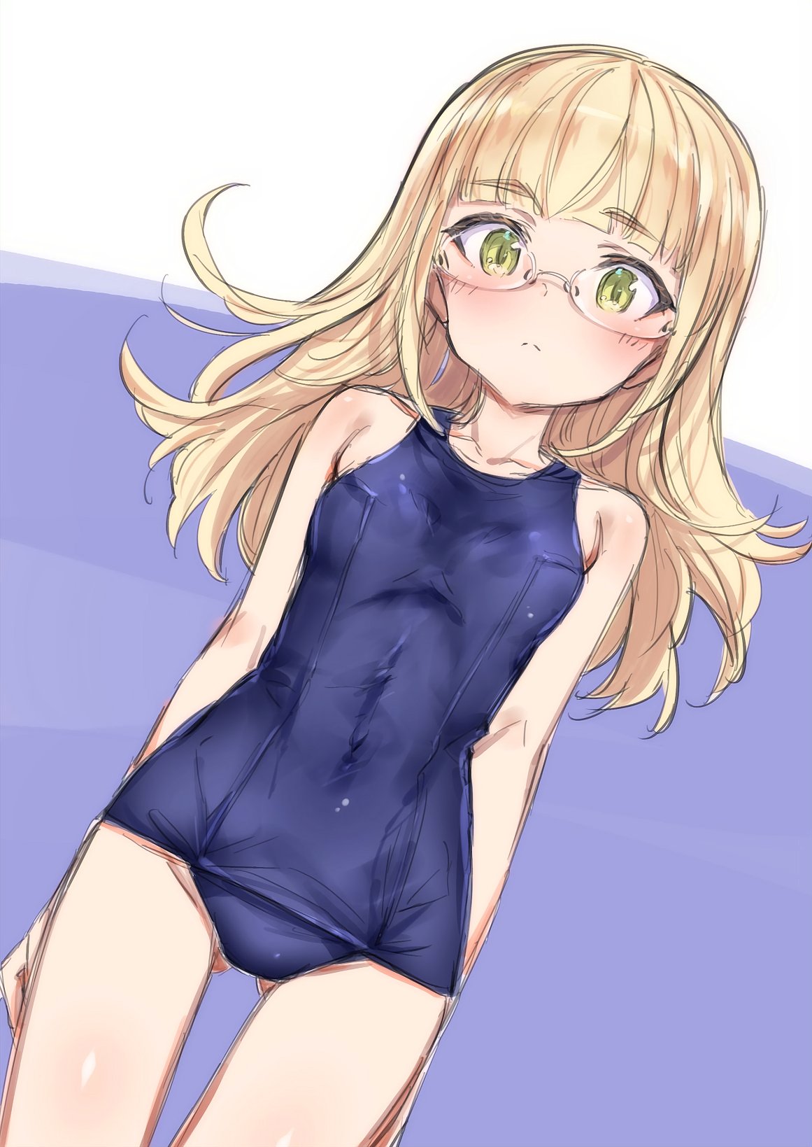 aohashi ame, perrine h. clostermann, strike witches, world witches series, highres, 1girl, blonde hair, blue one-piece swimsuit, blush, breasts, covered navel, glasses, gluteal fold, green eyes, groin, long hair, looking at viewer, old school swimsuit, one-piece swimsuit, school swimsuit, small breasts, solo, swimsuit, thigh gap, thighs