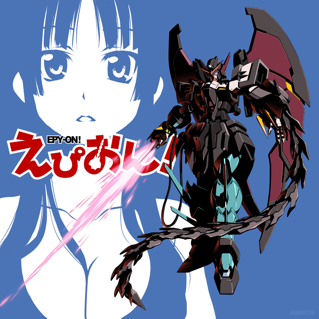 kaneko tsukasa, akiyama mio, gundam epyon, gundam, gundam wing, k-on!, 1girl, breasts, cleavage, energy sword, female focus, hime cut, large breasts, long hair, mecha, parody, pun, robot, solo, sword, weapon, whip, wings