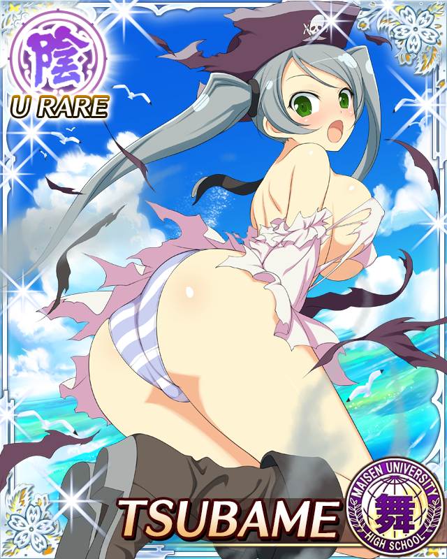 tsubame (senran kagura), senran kagura, senran kagura new wave, game cg, official art, third-party source, 1girl, :o, ass, blush, border, breasts, card (medium), character name, day, from behind, green eyes, grey hair, hat, large breasts, long hair, looking at viewer, looking back, midair, panties, pirate costume, pirate hat, purple panties, solo, striped clothes, striped panties, swept bangs, torn clothes, torn hat, twintails, underwear, very long hair